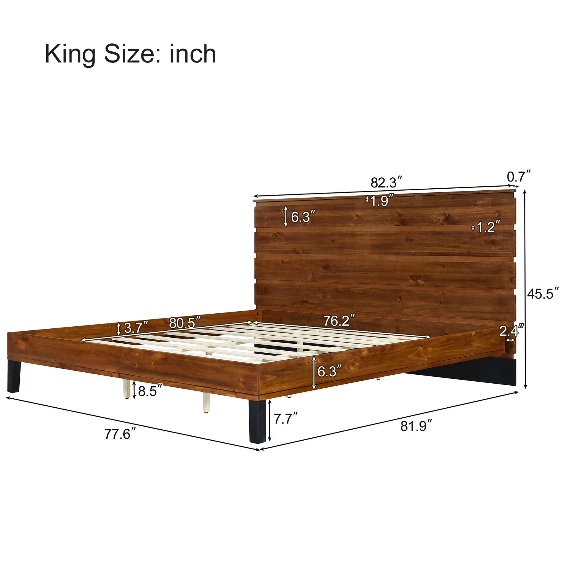 Mid Century Modern Solid Wood Bed Frame King Size Platform Bed With Six Piece Headboard Design, No Box Spring Needed, Brown King Brown Pine