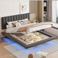 Queen Size Upholstered Floating Bed With Led Light And Usb Port, Velvet, Gray, Hydrualic Platform Bed Queen Gray Velvet