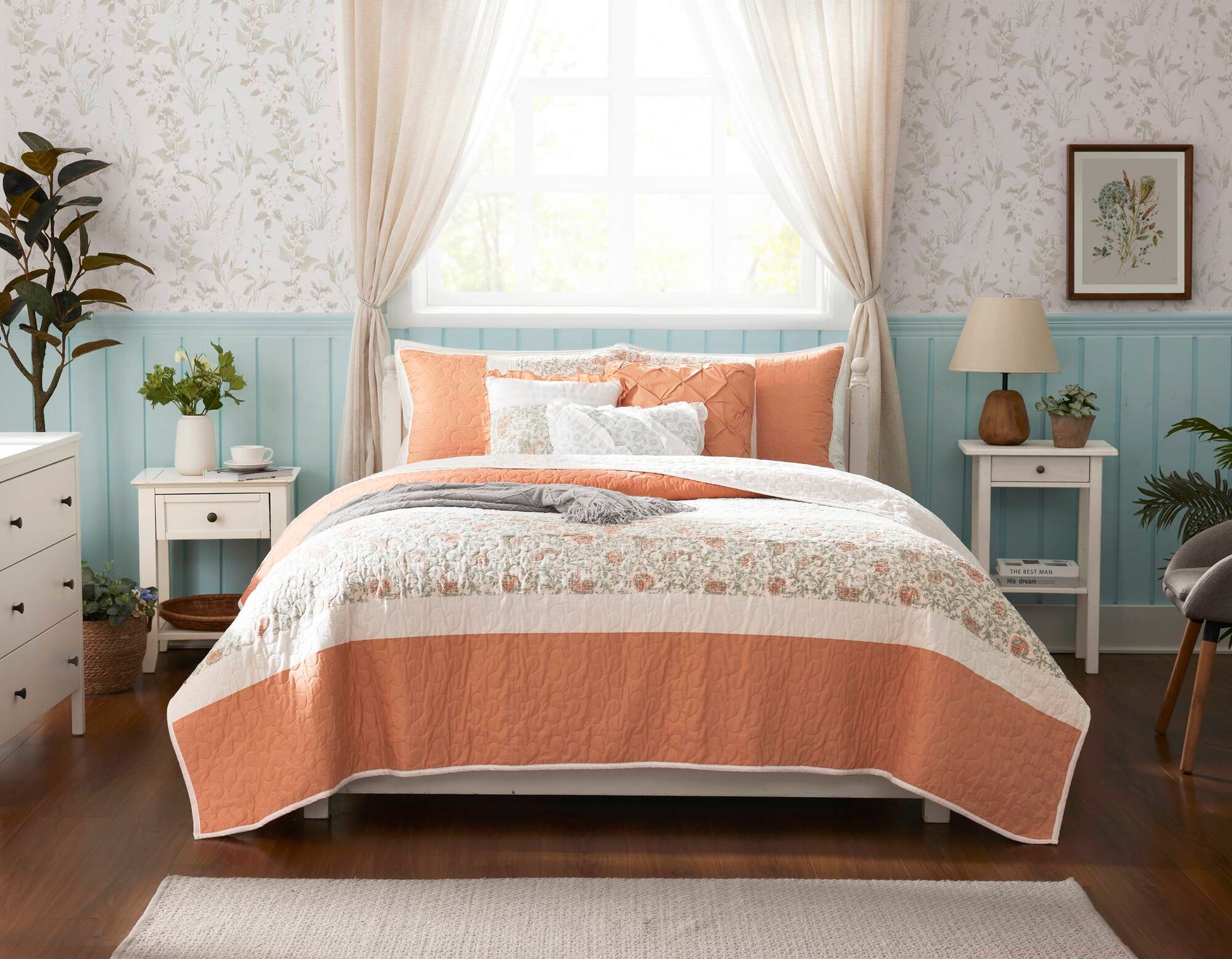 6 Piece Cotton Percale Quilt Set With Throw Pillows Coral Full Queen Full Coral Polyester