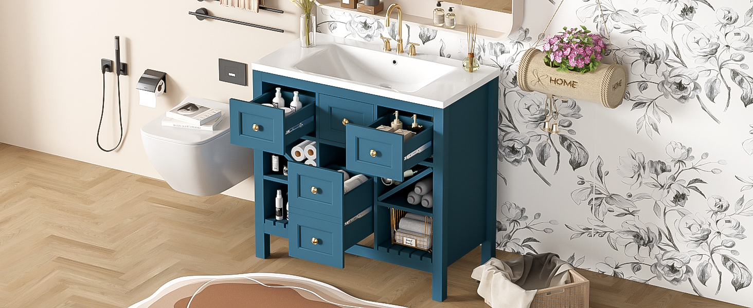 36'' Bathroom Vanity With Resin Sink Combo, Solid Wood Frame Bathroom Storage Cabinet, Freestanding Vanity Set With 5 Drawers& Soft Closing Doors Same As N710S136001C Blue Bathroom Solid Wood Mdf Resin