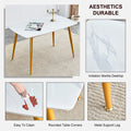 Modern Minimalist Dining Table. White Imitation Marble Patterned Stone Burning Tabletop With Golden Metal Legs. 50 