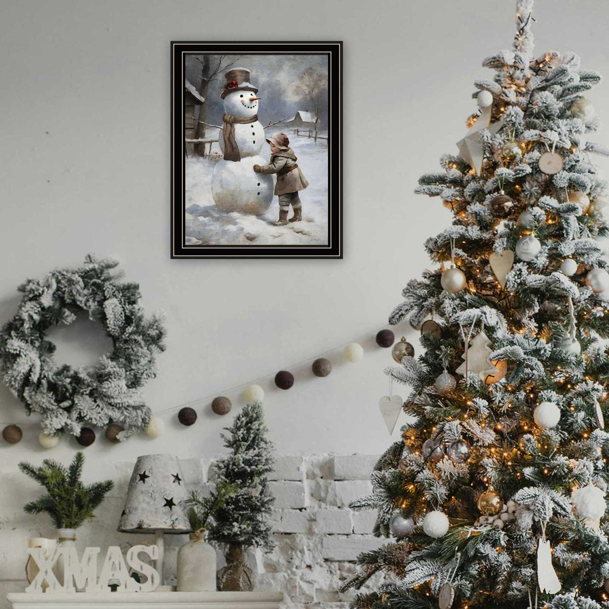 Finishing Touch On The Snowman Black Framed Wall Art For Living Room, Holiday Wall Art Print For Home Decor, Bedroom Wall Art By Jo Moulton Multicolor Wood Paper