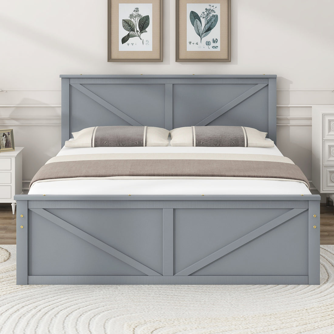 Queen Size Wooden Platform Bed With Four Storage Drawers And Support Legs, Gray Queen Gray Pine