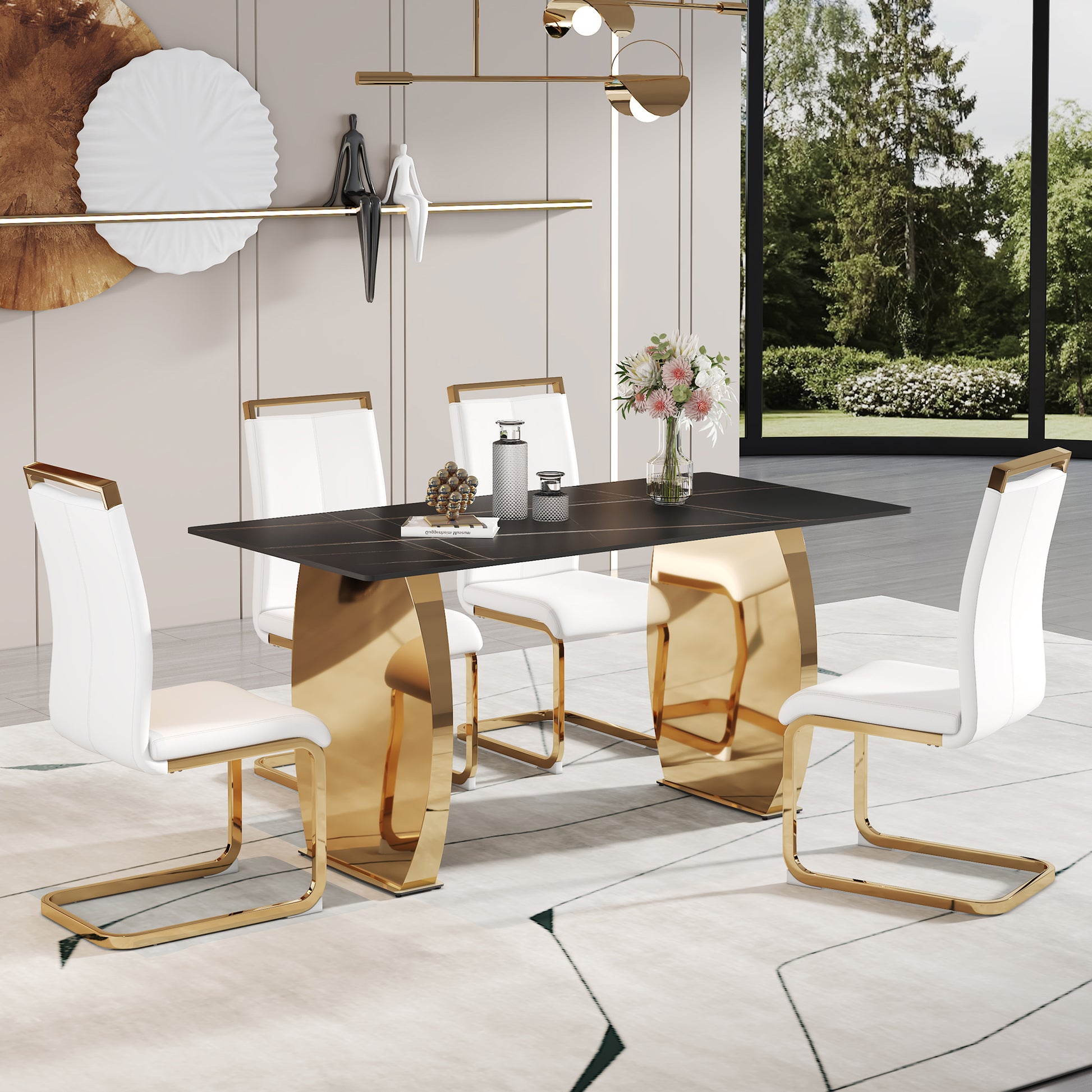 Table And Chair Set,Modern Rectangular Table With 0.4 Inch Black Patterned Tabletop And Gold Legs, Suitable For Kitchen, Dining Room, And Living Roomcomfortable Pu Seats,Perfect For Dinner, Meet White Black Seats 4 Sintered Stone