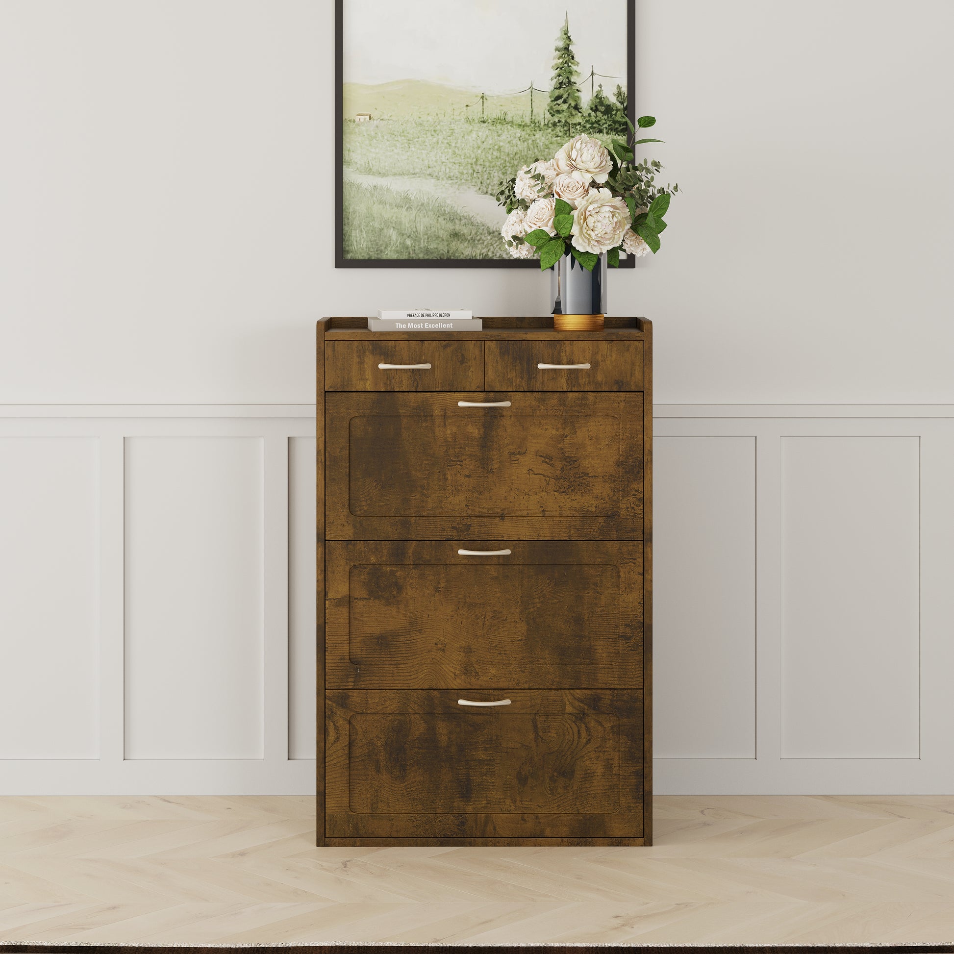 2408 Black Brown Solid Wood Shoe Cabinet, Three Layers, Flip Bucket Shoe Storage Cabinet, Simple And Generous For A Variety Of Home Styles Brown Mdf