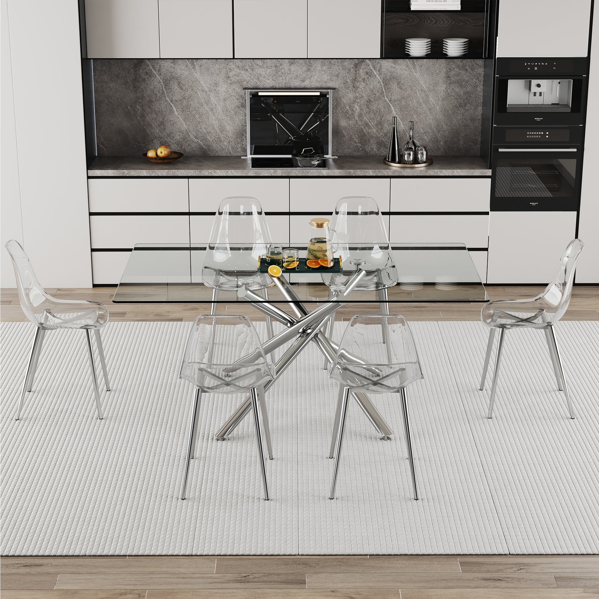 Table And Chair Set.Modern Luxurious Transparent Tempered Glass Dining Table Set With Transparent Pp Chairs.6 Multiple Transparent High Quality Pp Dining Chairs With Silver Legs. Transparent Seats 6