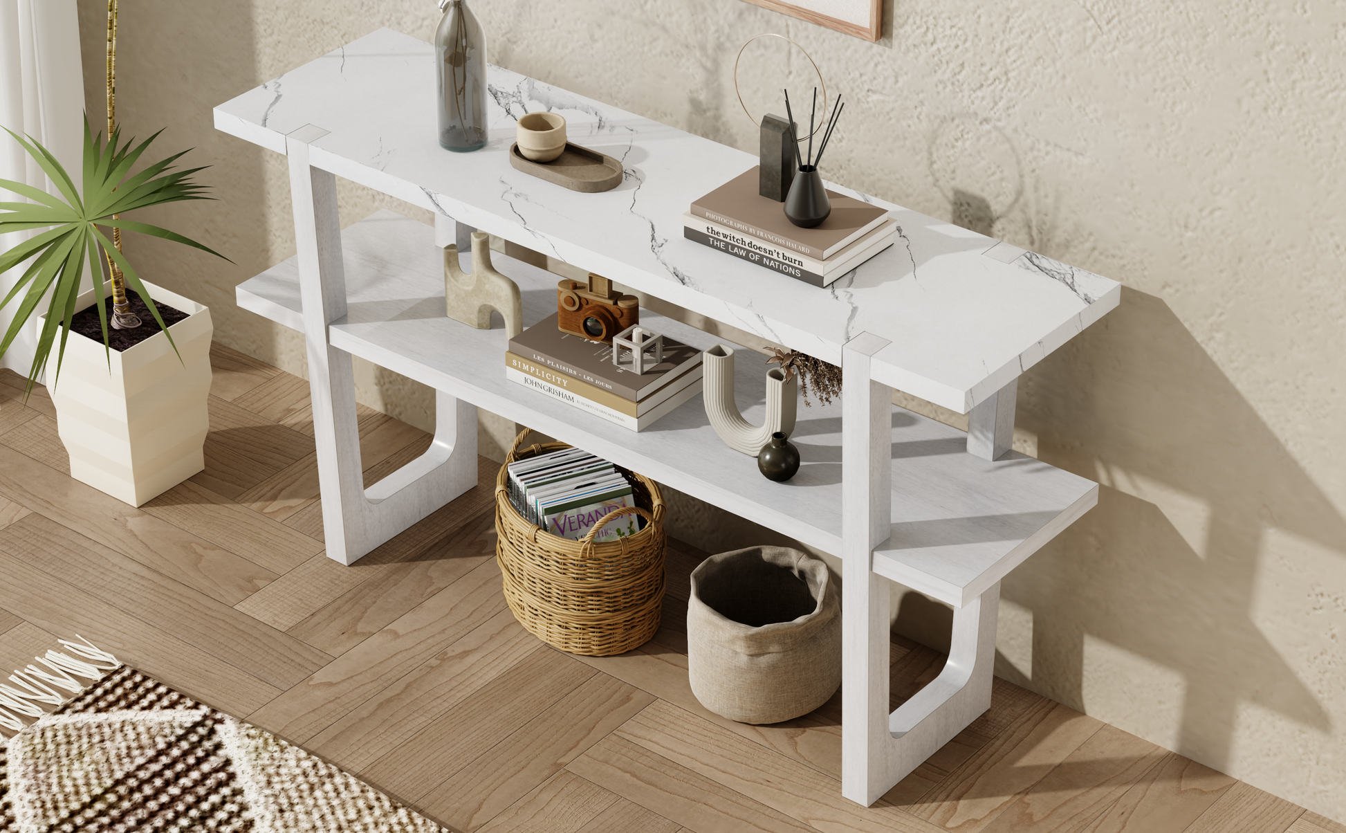 Retro Elegant Console Table With Marble Effect Top And Versatile Storage Solutions For Entryway And Living Room Antique White Antique White Solid Wood Mdf