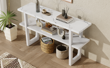 Retro Elegant Console Table With Marble Effect Top And Versatile Storage Solutions For Entryway And Living Room Antique White Antique White Solid Wood Mdf
