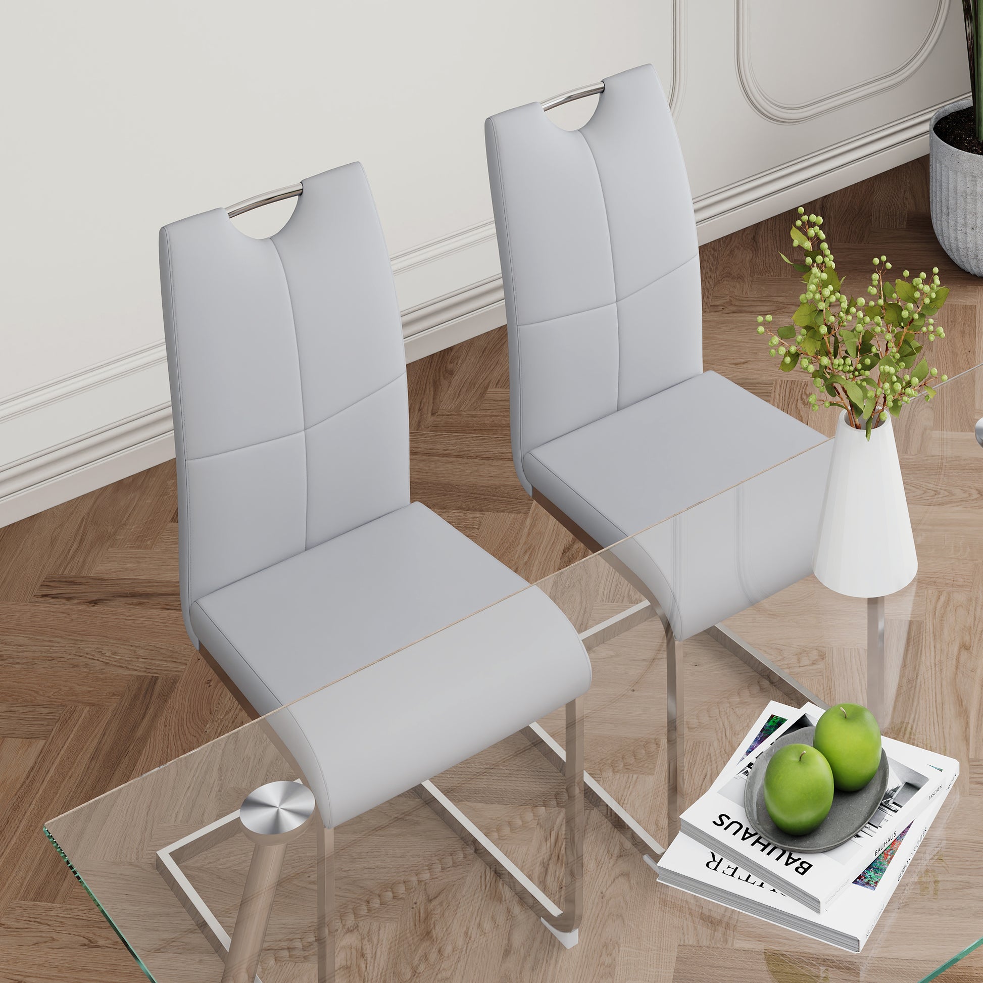 Modern Simple Rectangular Glass Dining Table, Solid Tempered Glass Tabletop, Electroplated Table Legs, Gray Pu Dining Chair Set, Suitable For Restaurant Kitchen Use Set Of 5 Upholstered Chair Glass Gray Pu Seats 4 Metal Rectangular Dining Table With