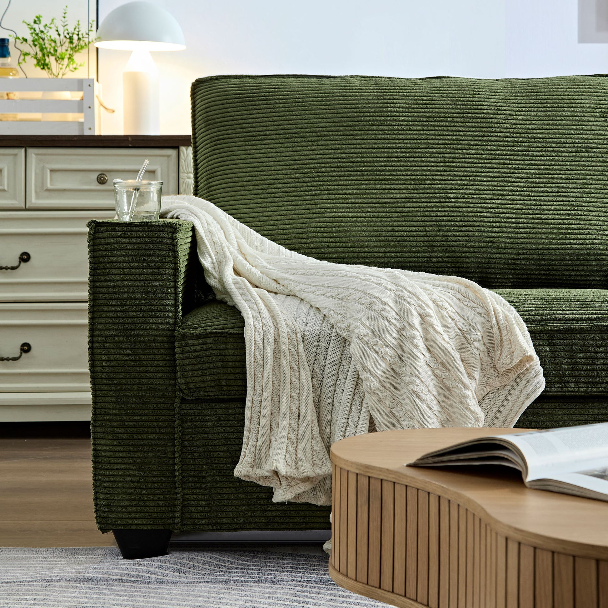Corduroy Sofa, 87.4 Inch Modern Design Sofa With Cup Holder And Storage Bags, Deep Seat Sofa Couch,Comfy Couch For Living Room,Apartment,Green Green Corduroy 3 Seat