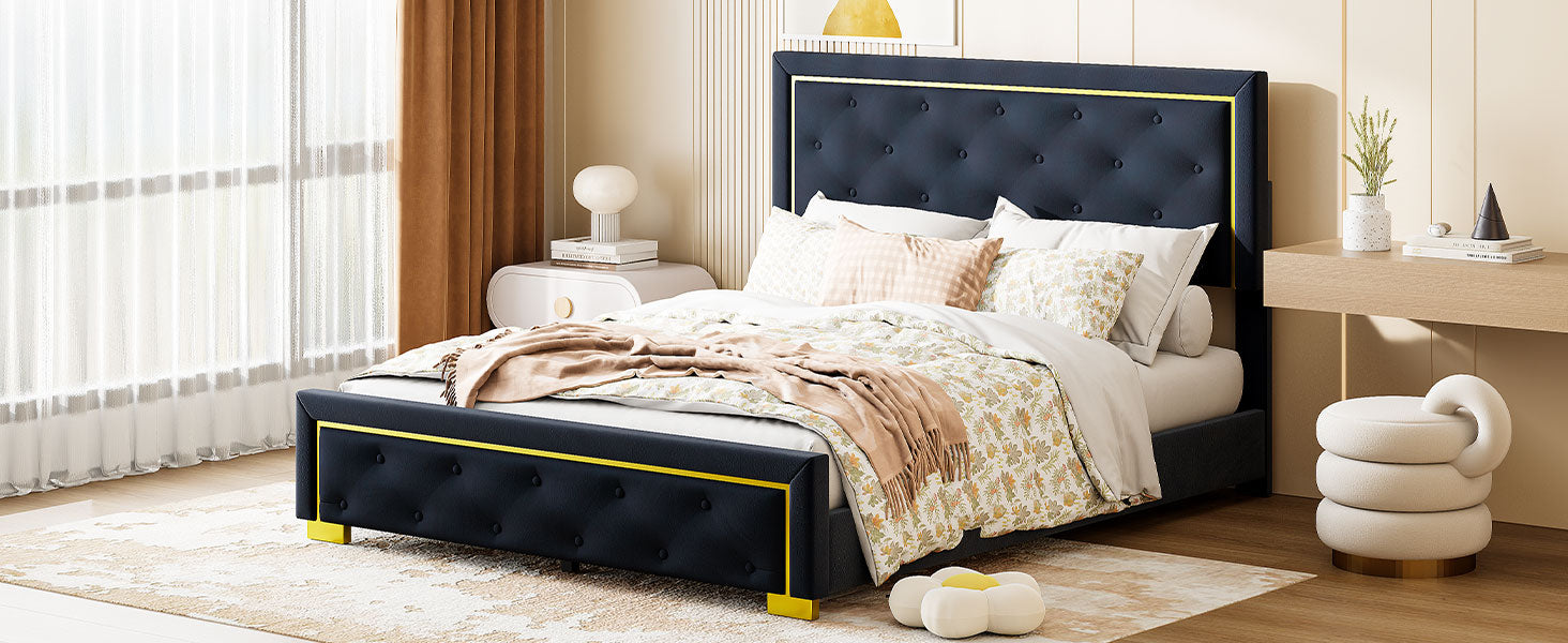 Queen Size Upholstered Platform Bed With Pull Point Headboard And Metal Wire Frame At The Head And Foot Of The Bed, Metal Feet, Velvet, Black Queen Black Mdf Lvl