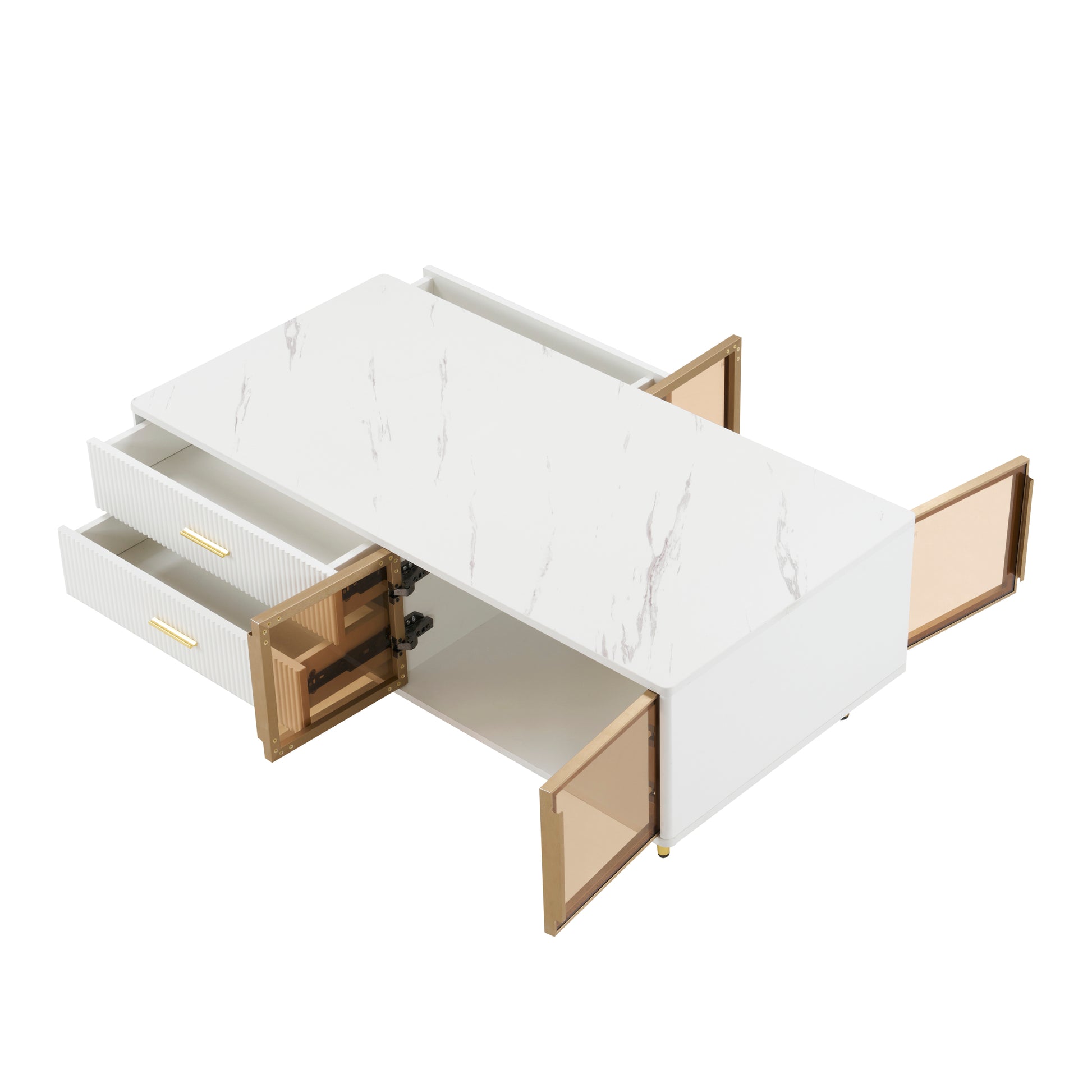 Modern White Coffee Table With 2 Glass Door Storage, 4 Drawers, Gold Metal Legs, And Multi Color Lighting In 47.2'' White Drawers Mdf