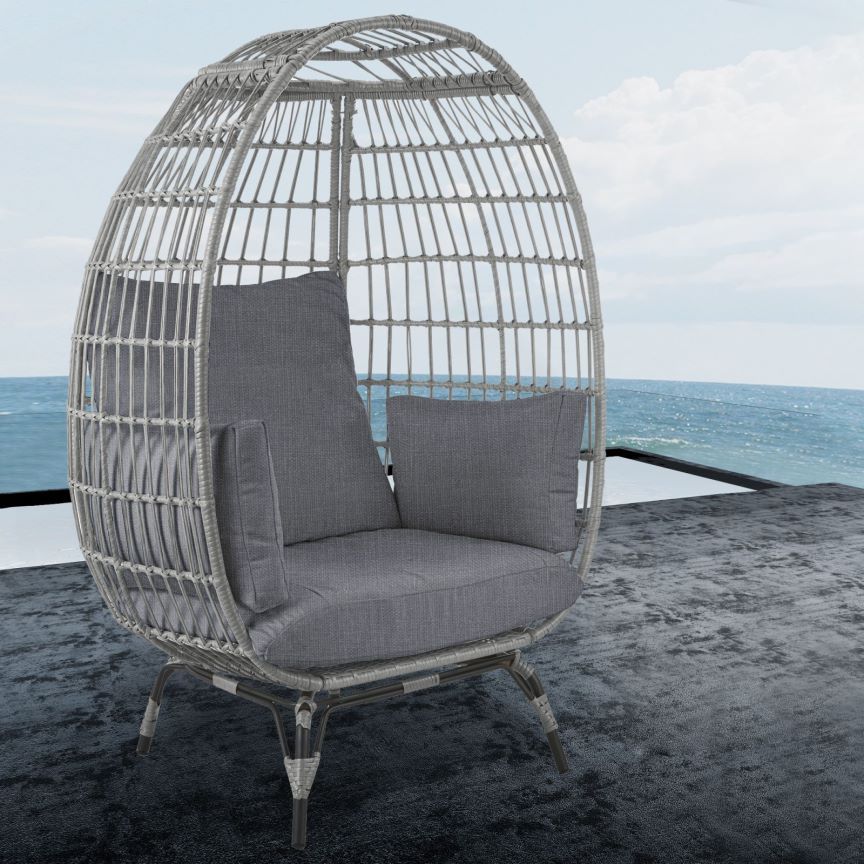 Large Outdoor Egg Chair, Indoor Patio Wicker Basket Chair With Cushion, Rattan Egg Chairs For Bedroom, Outside, Balcony,Grey Grey Pe Rattan Iron
