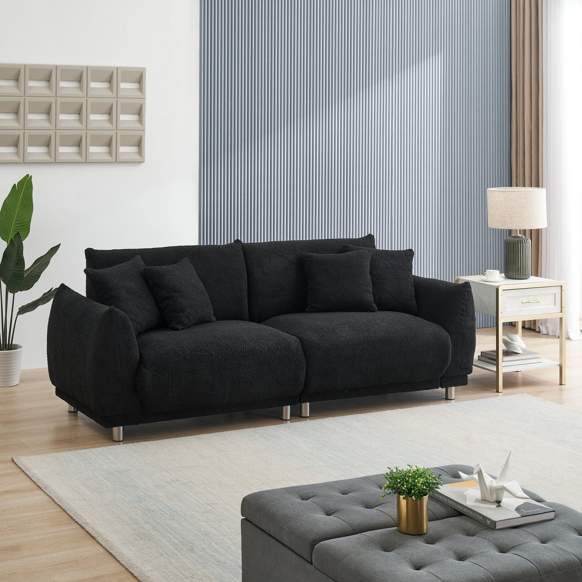 86.6 Inch Teddy Fleece Black Sofa With Four Throw Pillows Hardware Feet Can Be Placed In The Apartment Bedroom To Sit Comfortably Without Taking Up Space Black Fabric 2 Seat