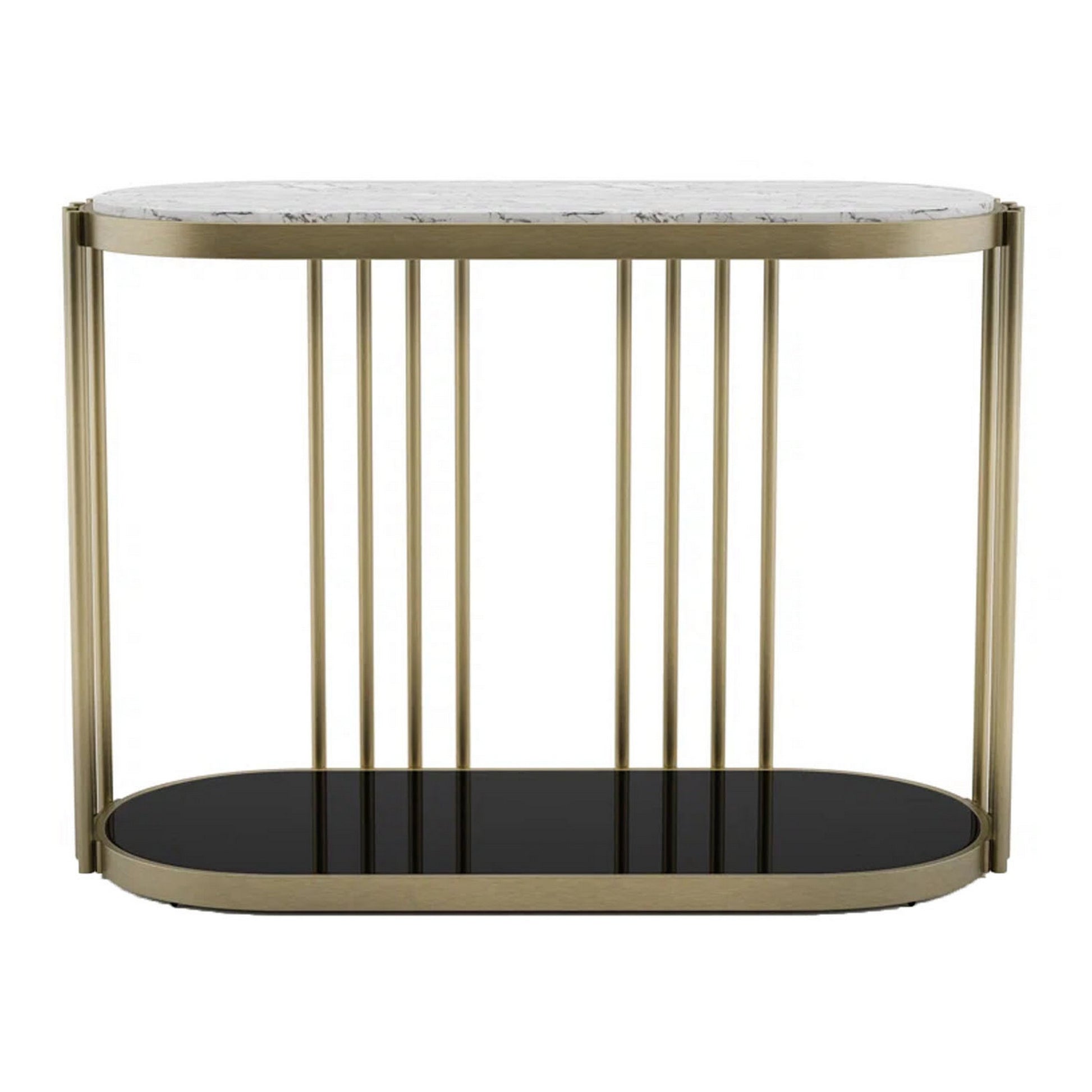 Kein 42 Inch Oblong Sofa Console Table, White Faux Marble Top, Steel Frame White Gold Marble Metal