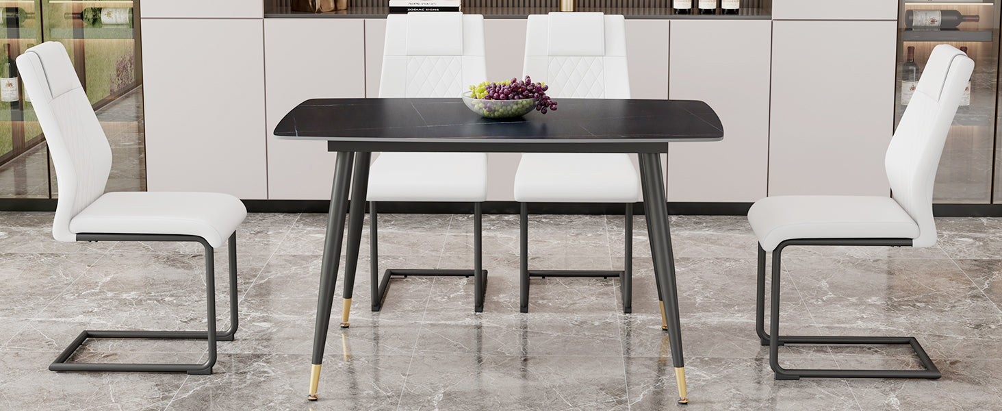 Table And Chair Set. Large Modern Rectangular Table With Black Textured Top And Black Metal Legs. Soft And Comfortable Pu Seats, Faux Leather Upholstered Seats And Sturdy Metal Legs. White Black Seats 4 Sintered Stone