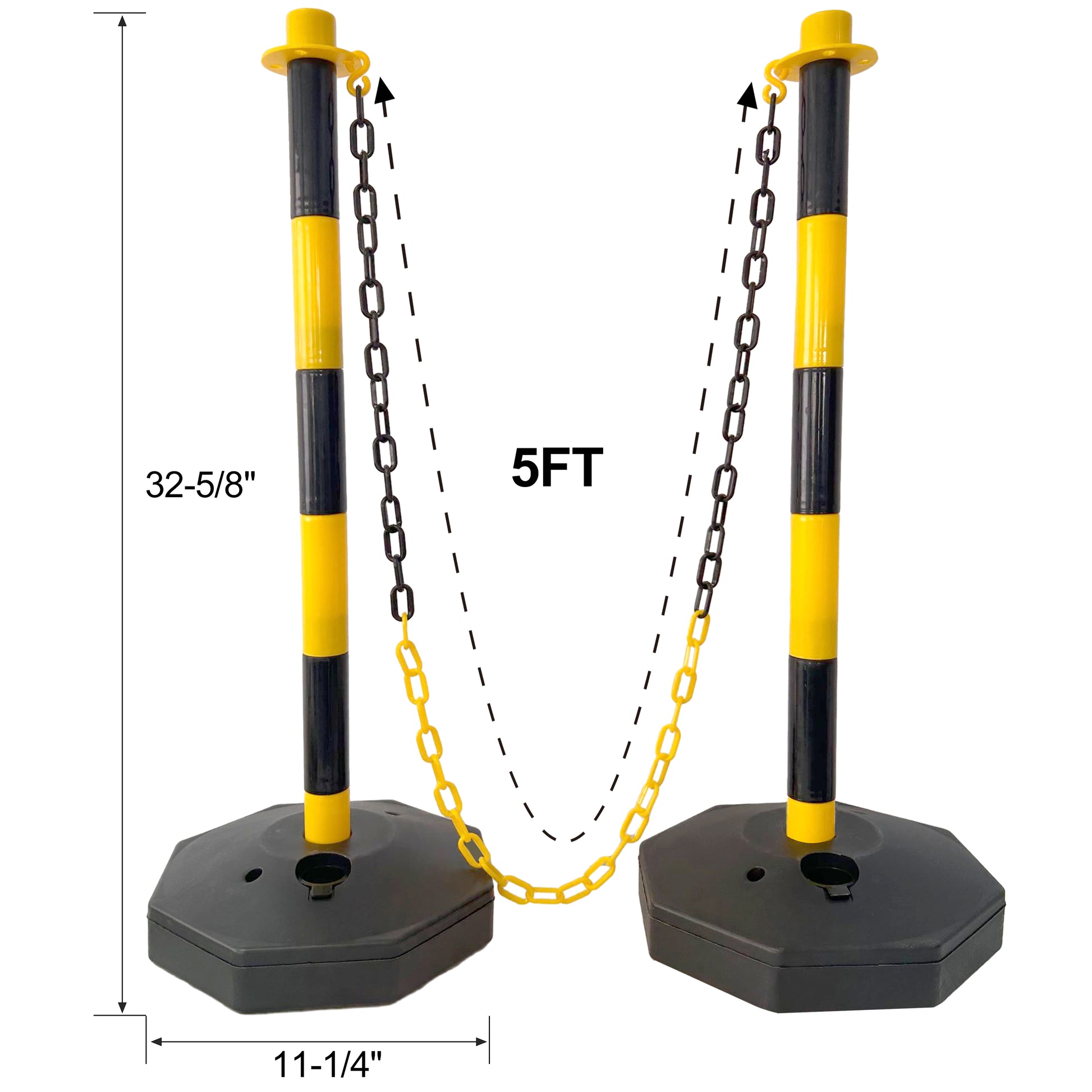6 Pack Traffic Delineator Post Cones With Fillable Base, Adjustable Plastic Safety Barrier With 5Ft Plastic Chain, Outdoor And Indoor Crowd Control Stanchion For Traffic Control And Warning Y B Yellow Black Plastic