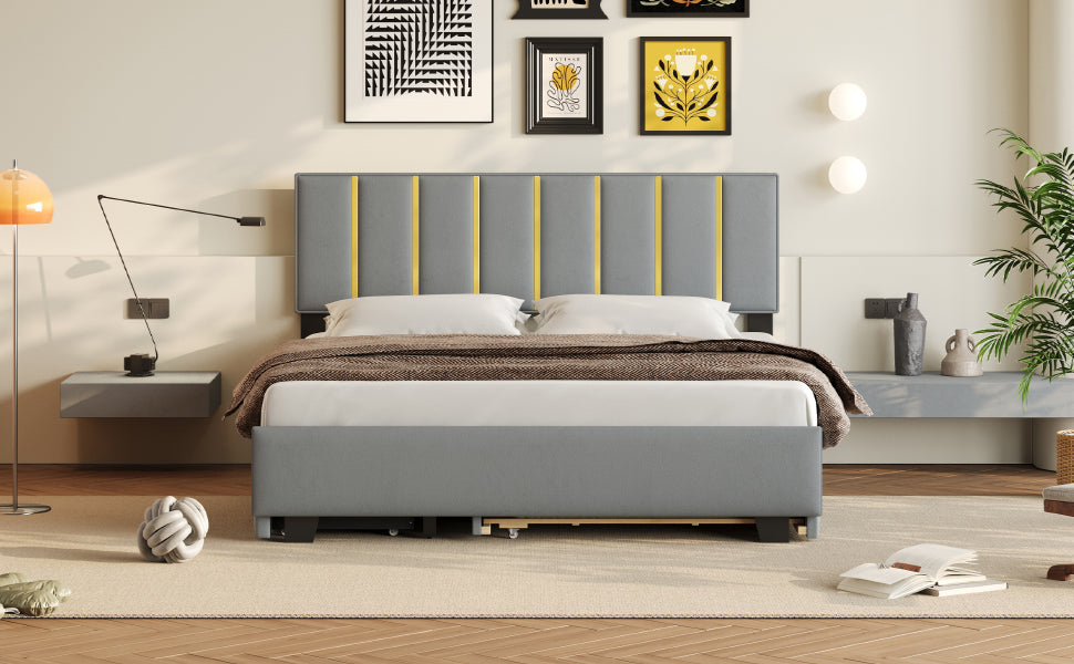 Queen Size Upholstered Platform Bed With 2 Drawers And 1 Trundle, Classic Metal Strip Headboard Design, Grey Queen Gray Mdf Lvl