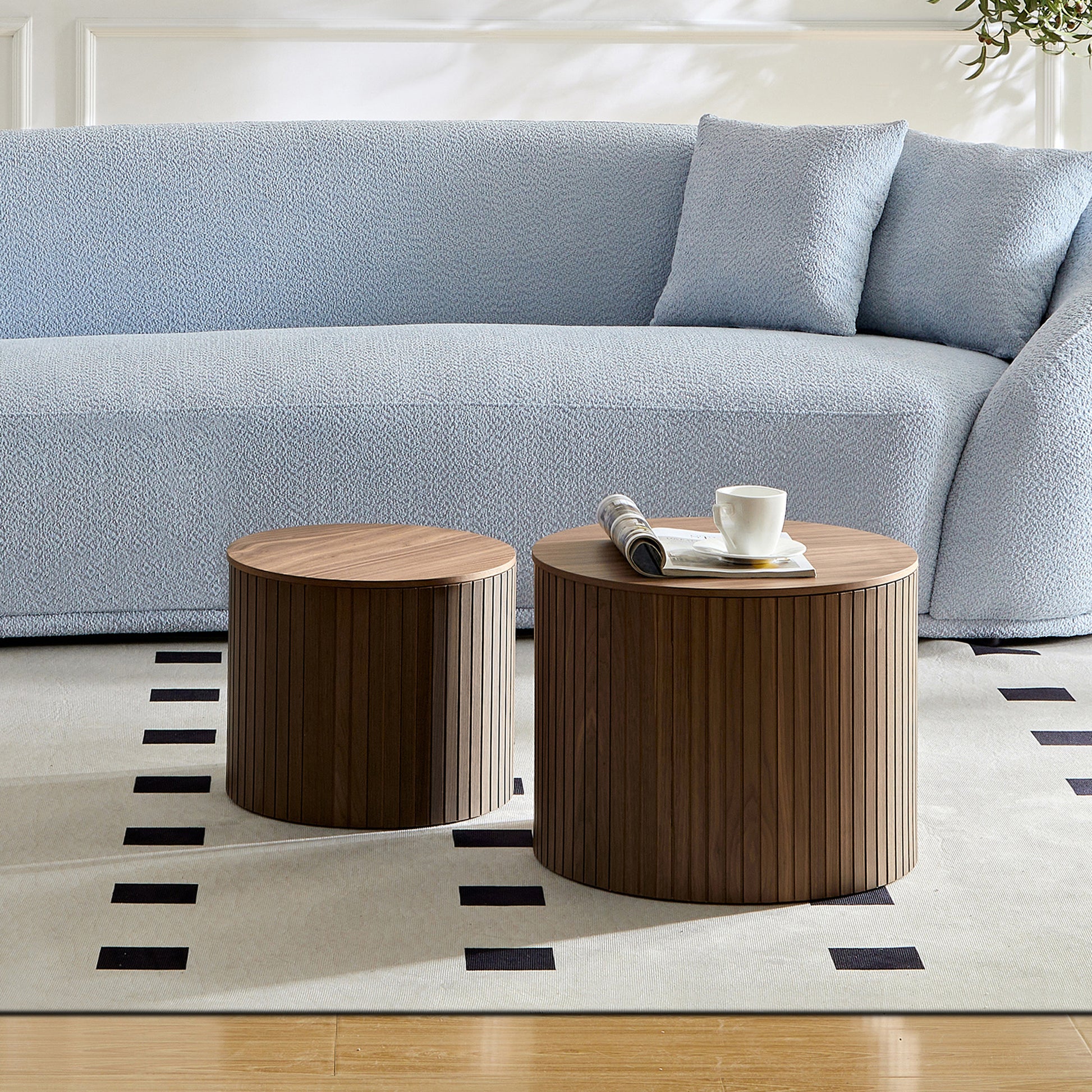 Mdf Nested Table Set 2 Pieces, Handcrafted Round Coffee Table In Living Lounge Area, Walnut Color Walnut Round Round Mdf