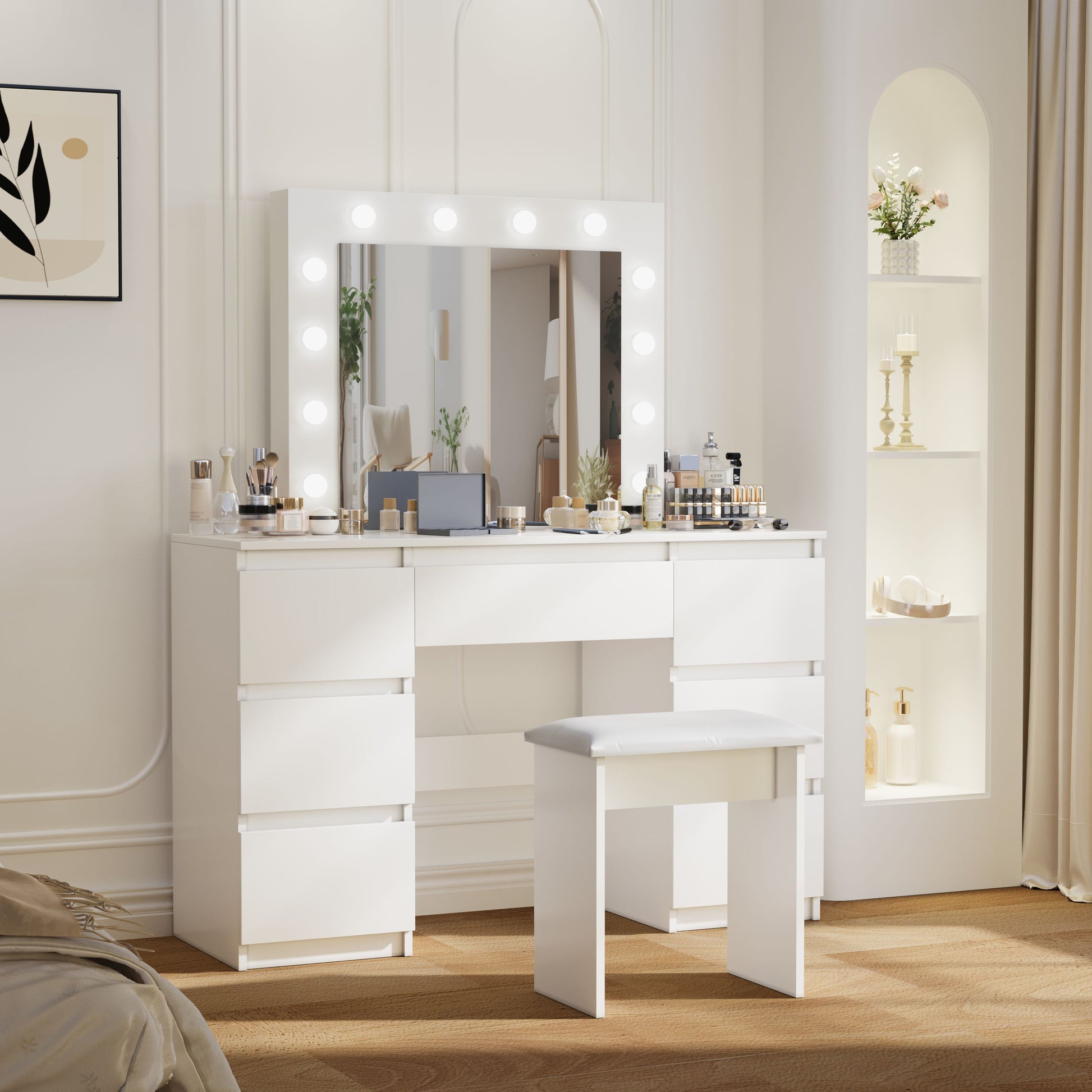 Large White Vanity Tables With Mirror And Light Matte White White Drawer 5 Drawers & Above Bedroom Extra Deep Drawers Modern 2 Or Less Poplar Mirror Included White Particle Board Mdf