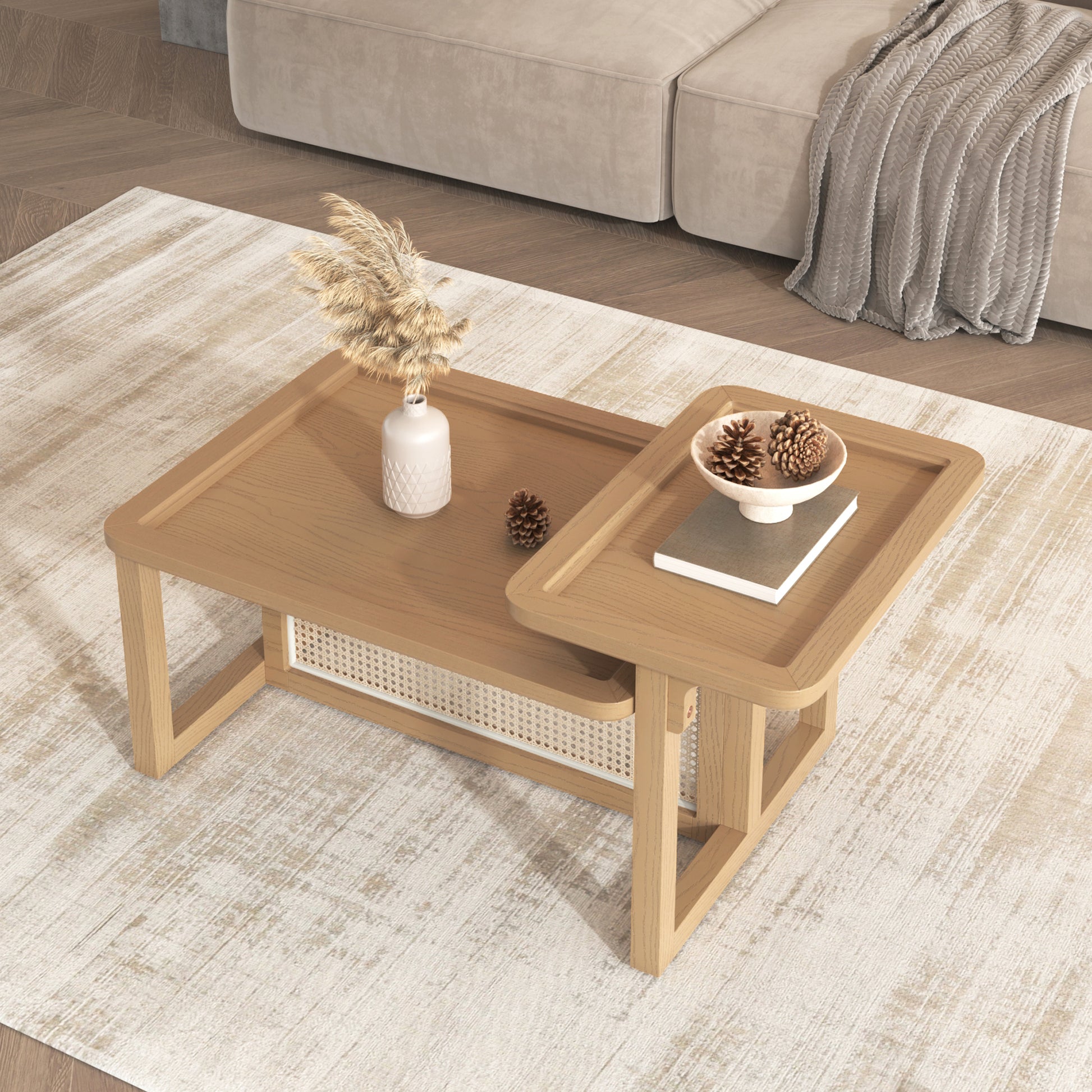 Modern 2 Piece Nesting Rattan Wood Mdf Coffee Table Set In Natural Natural Rubber Wood
