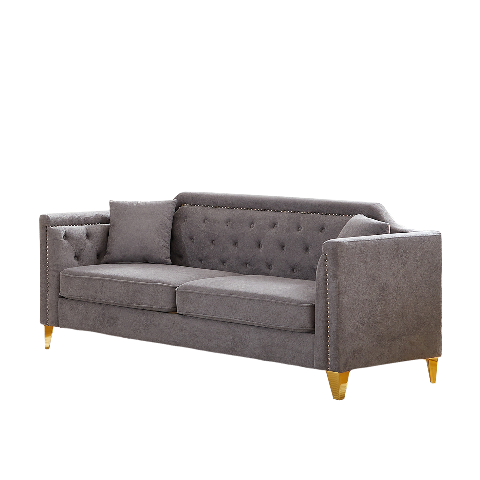 Fx 81"Mid Century Design Modern Sofa,Chenille Pull Buckle Design Sofa For Living Room,Buttons Tufted With Copper Nail Decoration Armrest, With 2 Pillows,Modern Couch Upholstered Button And Metal Leg Grey Chenille Pine Foam Fabric 3 Seat
