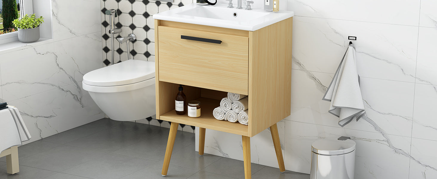 24" Bathroom Vanity With Sink Combo, Multi Functional Bathroom Cabinet With Drawer, Mdf Board, Natural Natural Solid Wood Mdf