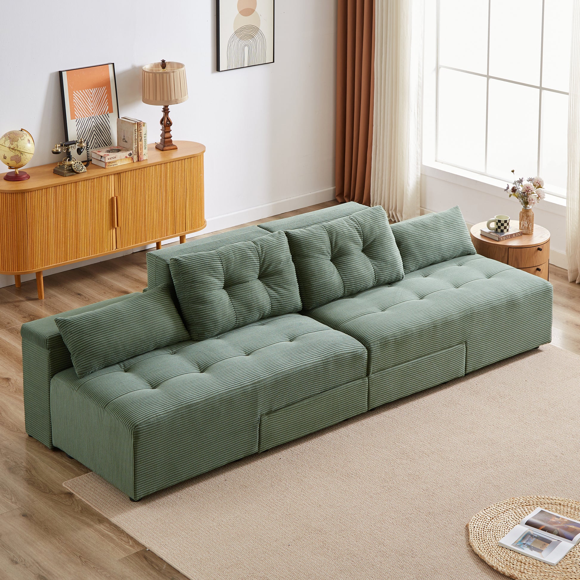 Convertible 3 In 1 Sleeper Sofa And Sectional Sofa With 4 Storage Space For Living Room,Corduroy Couch With 4 Pillows,Corduroy Army Green Corduroy 3 Seat