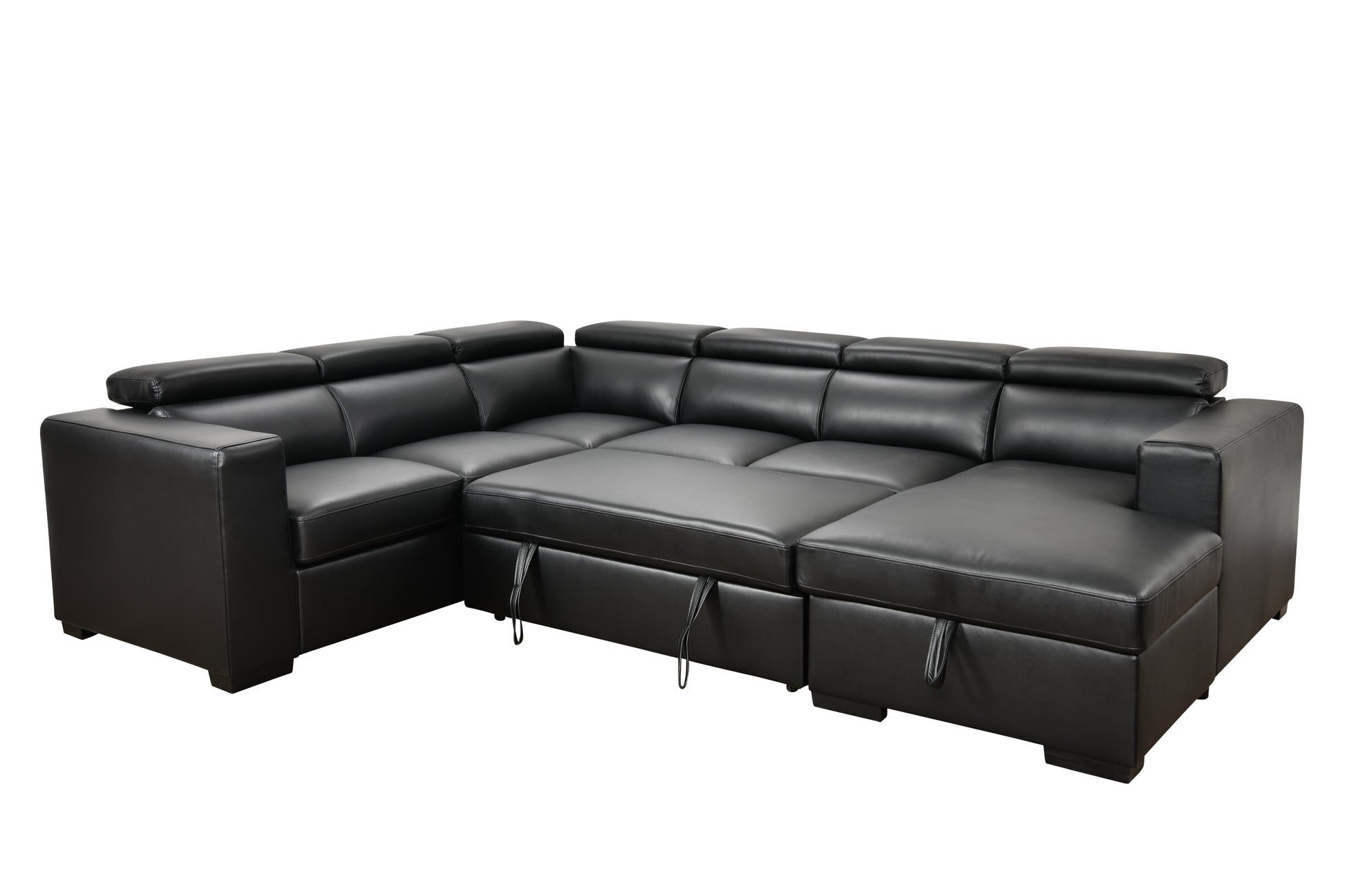 123" Modern U Shaped 7 Seat Sectional Sofa Couch With Adjustable Headrest, Sofa Bed With Storage Chaise Pull Out Couch Bed For Living Room ,Black Light Brown Wood Primary Living Space Heavy Duty Eucalyptus 7 Seat Black Faux Leather Soft Cushion Back