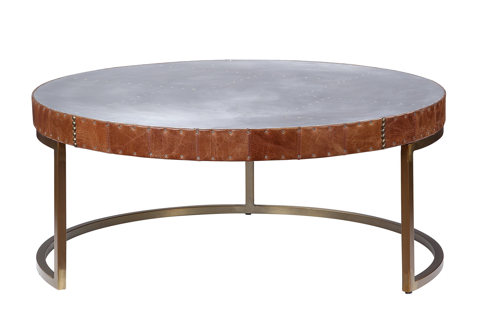 Aluminum And Cocoa Drum Coffee Table Brown Gold Primary Living Space Modern Round Genuine Leather Sled