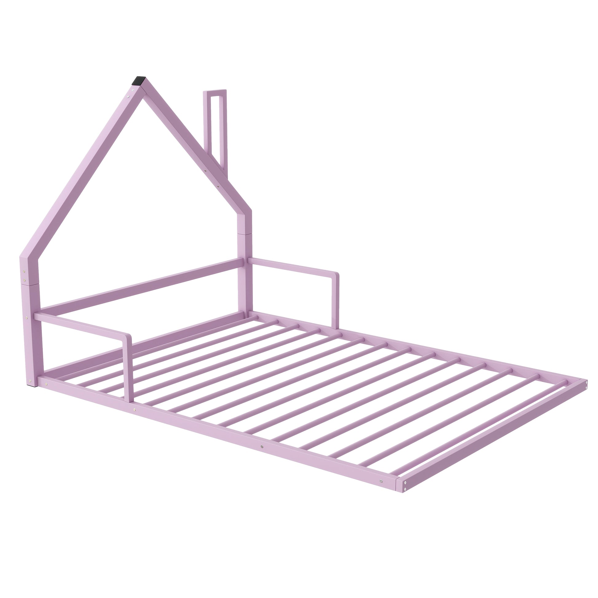 Full Size Metal Floor Bed With House Shaped Headboard, White Box Spring Not Required Full Pink Metal Bedroom Bed Frame Metal
