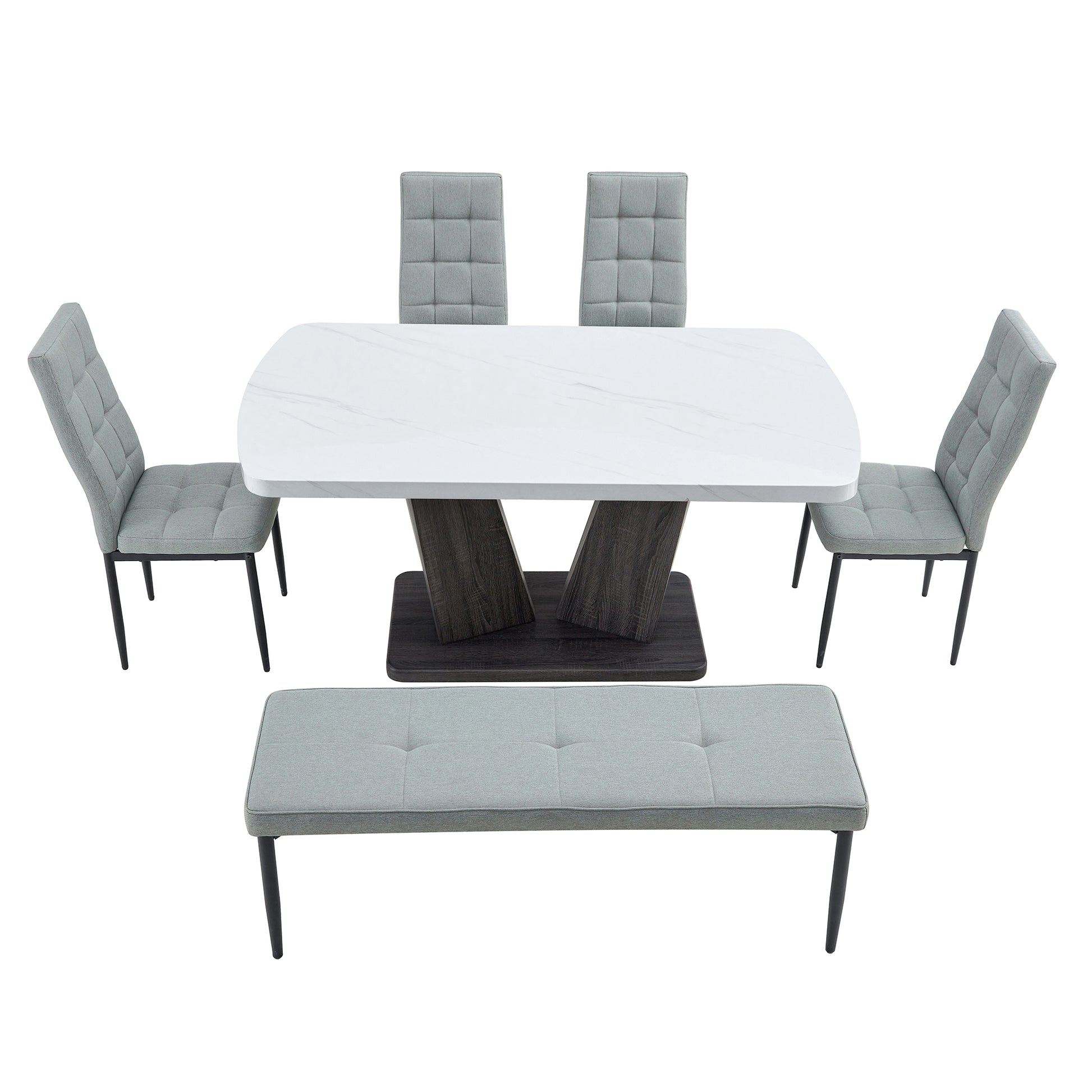 63" Modern Style 6 Piece Dining Table With 4 Chairs & 1 Bench, Table With Marbled Veneers Tabletop And V Shaped Table Legs White Metal Grey White Modern Rectangular Mdf Mdf