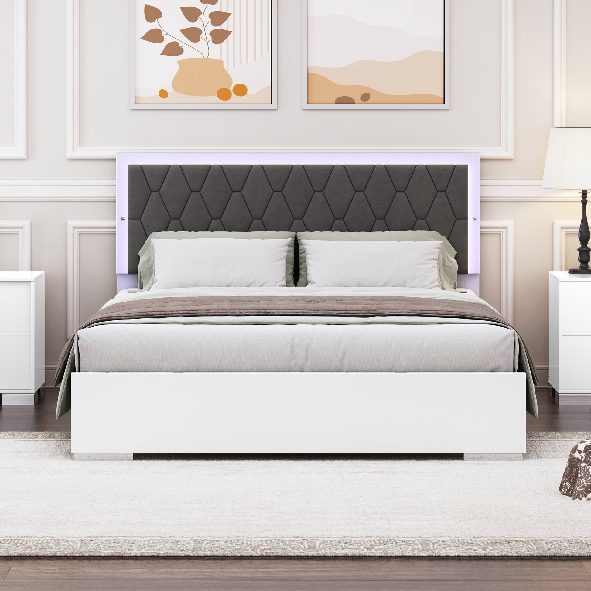 Queen Size Upholstered Bed With Led Light,Modern Platform Bed With With Velvet Headboard,White Queen White Mdf
