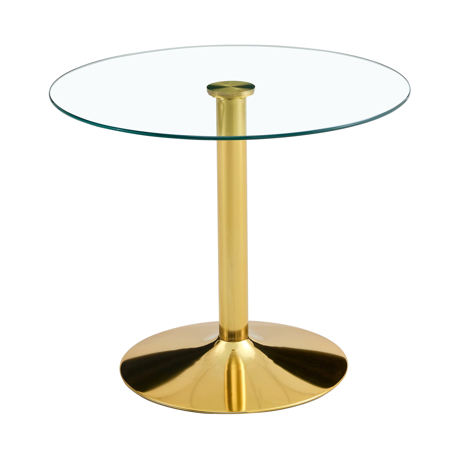 A 35 Inch Diameter Glass Top And A Modern, Minimalist Round Dining Table With Gold Metal Legs. Ideal For Dining Rooms, Living Rooms And Meeting Rooms. Model: Dt 1166 Gold Glass Metal
