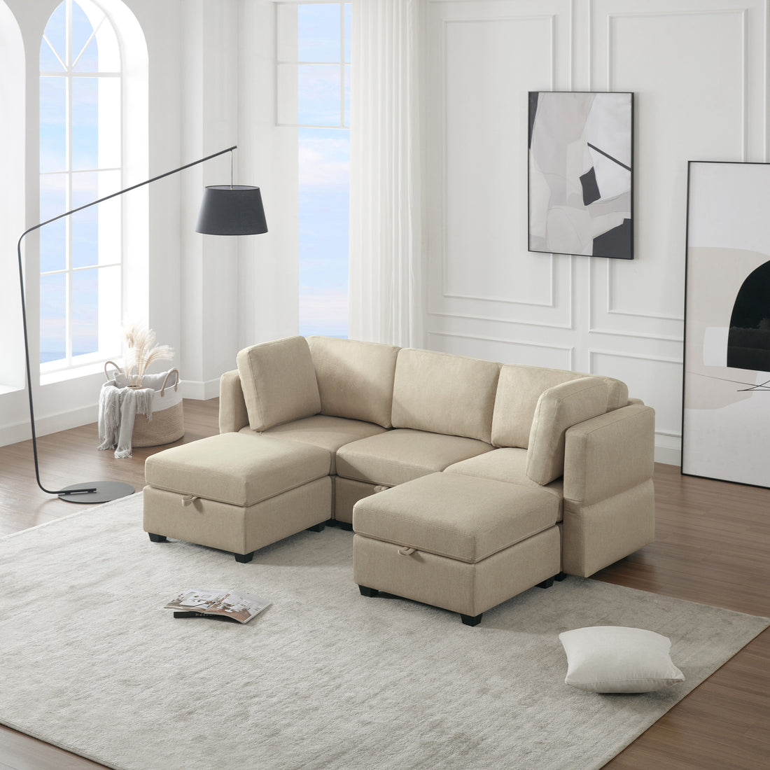 Reversible Sectional Sofa Modern Modular Sectional Couch With Chaise U Shaped Corner Sectional 5 Seater Modular Sofa With Storage Seats, Adjustable Arms And Backs Beige Beige Polyester 3 Seat
