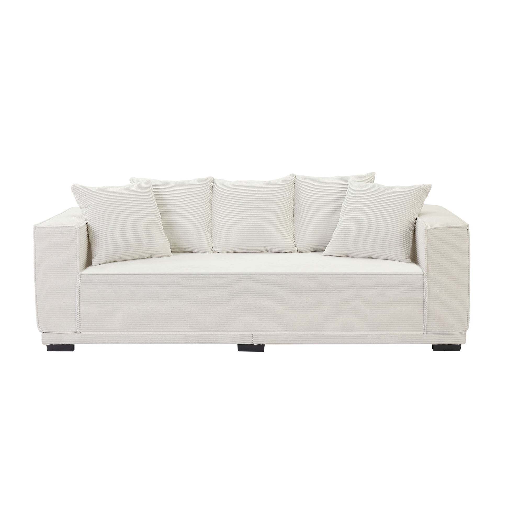 88.97'' Mid Century Modern Upholstered Sofa With 5 Matching Toss Pillows, Including Bottom Frame,Comfy Couches For Living Room, Bedroom, Apartment And Office.White White Corduroy 3 Seat