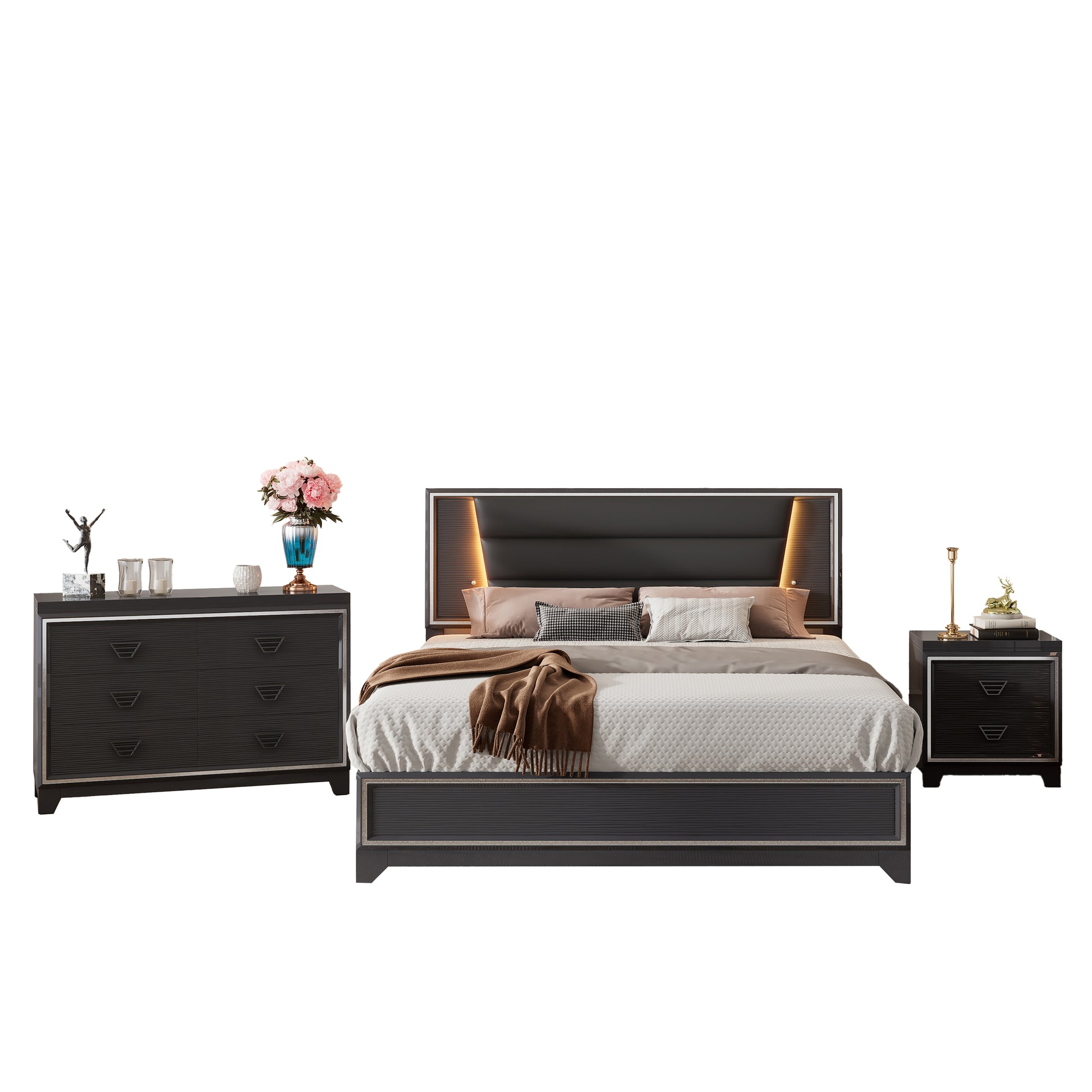 3 Pieces Bedroom Sets Queen Size Upholstered Bed With Led Lights, Nightstands And Dresser With Metal Handles And Sparkling Shiny Decoration, Black Queen Black 3 Piece Set Mdf Metal