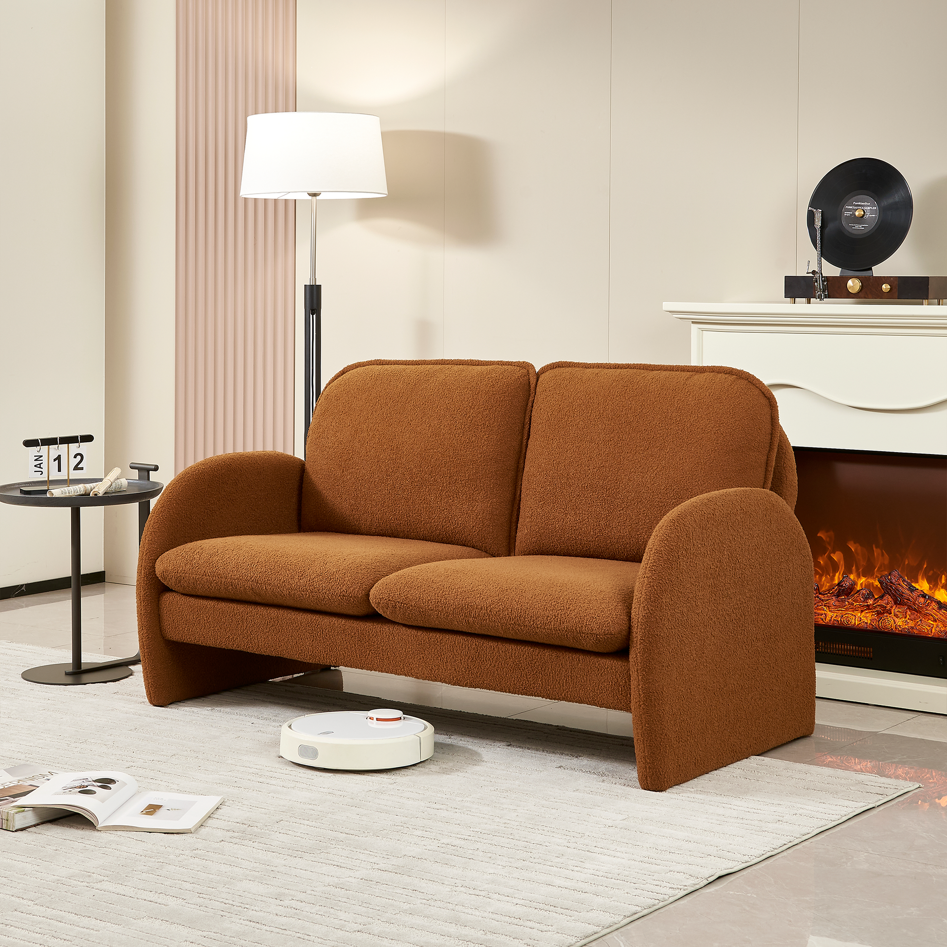 59" Loveseat Sofa Small Couch For Living Room, Sherpa Fabric Upholstered Loveseat Sofa Couch, Small Loveseat Sofa For Apartment, Bedroom Orange Foam Sherpa 2 Seat