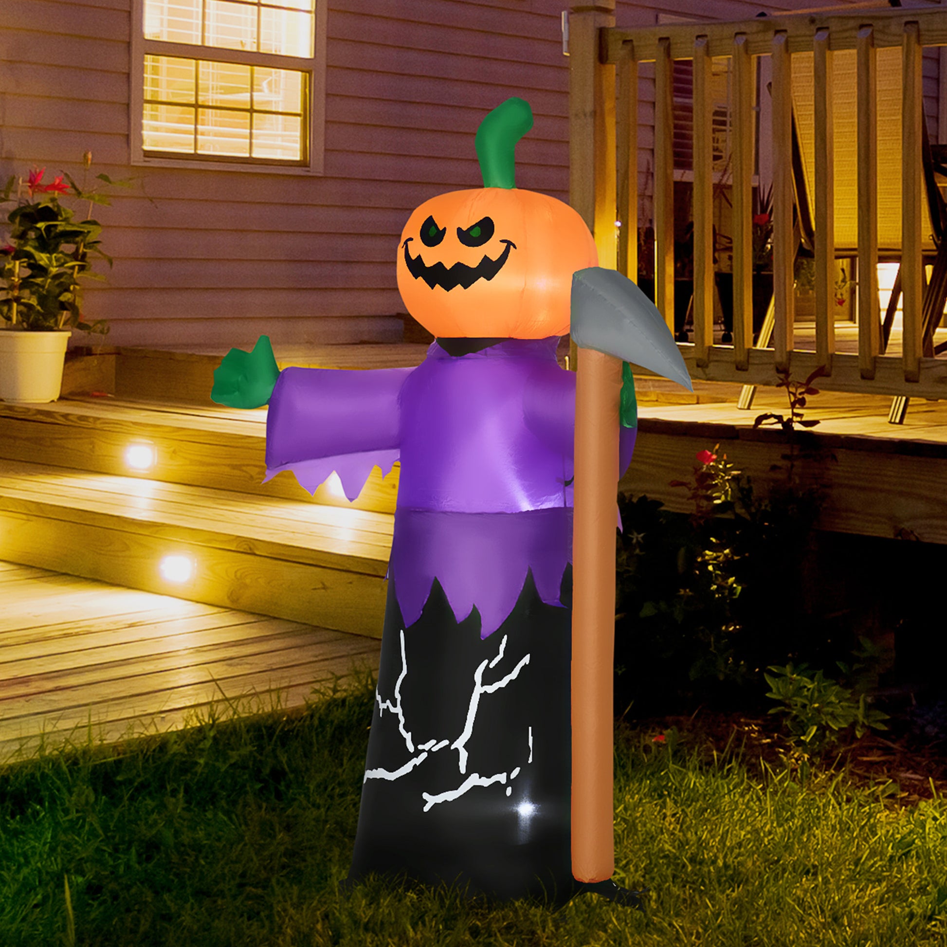 Outsunny 5' Inflatable Halloween Pumpkin Grim Reaper, Blow Up Outdoor Led Yard Display, Waterproof Purple Polyester