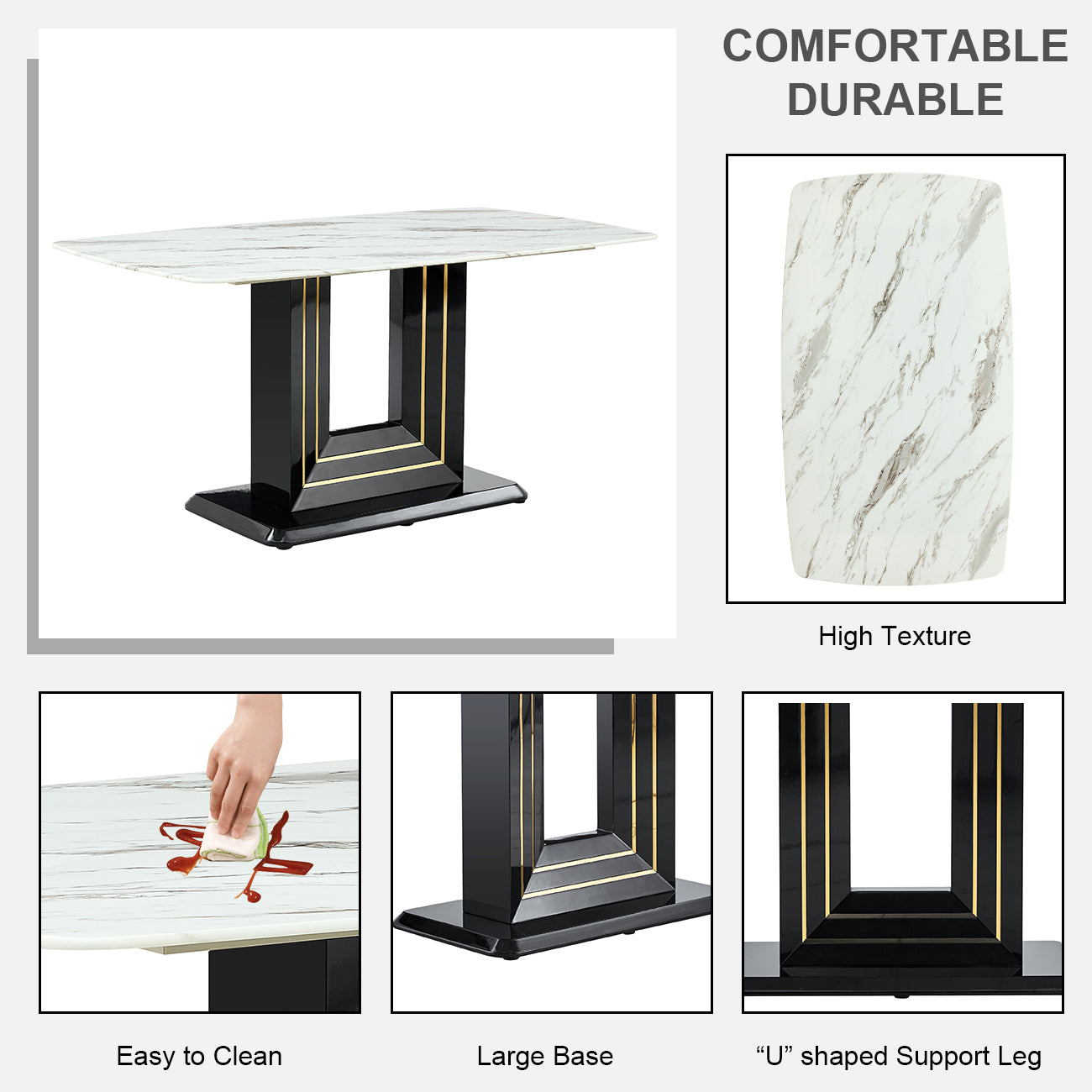 Modern Dining Table Set, 7 Piece Faux Marble Kitchen Table For 6 8, Glass Rectangular Dining Room Table With U Shaped Table Legs, Dining Table & 6 Chairs Metal Black Rectangular Mdf Glass