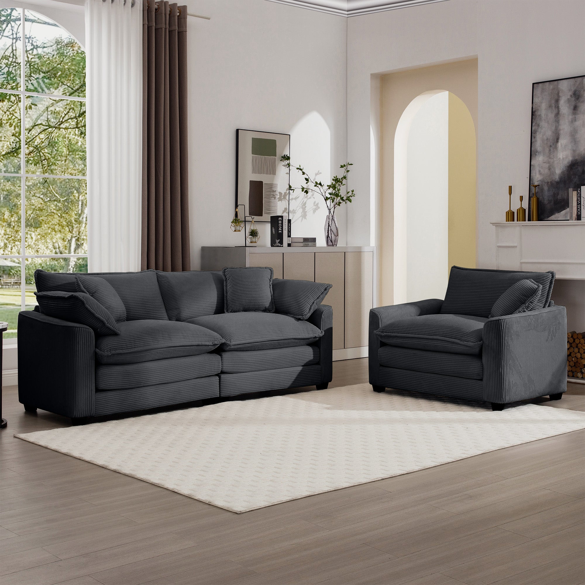 Modern Living Room Sofa Two Piece Set, Suitable For Living Room And Bedroom Sofa Set, Consists Of A Single Seat And A 3 Seater Sofas, Grey Corduroy Grey Corduroy 3 Seat