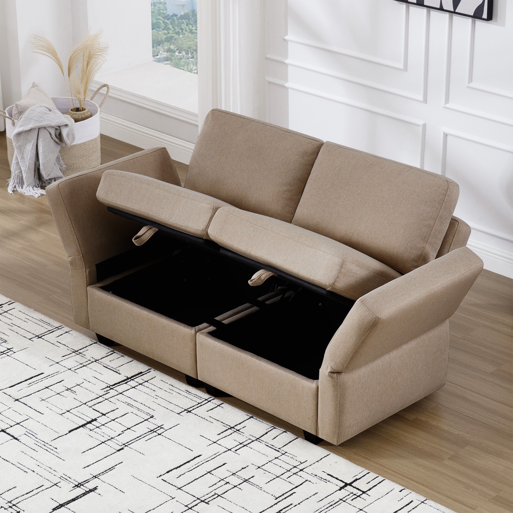 Contemporary Modern Chic Upholstered Fabric Sofa With Storage Seats And Storage Ottomans, 2 Seater Sofa Fabric Couch With Adjustable Arms And Backs For Living Room Brown Brown Polyester 2 Seat