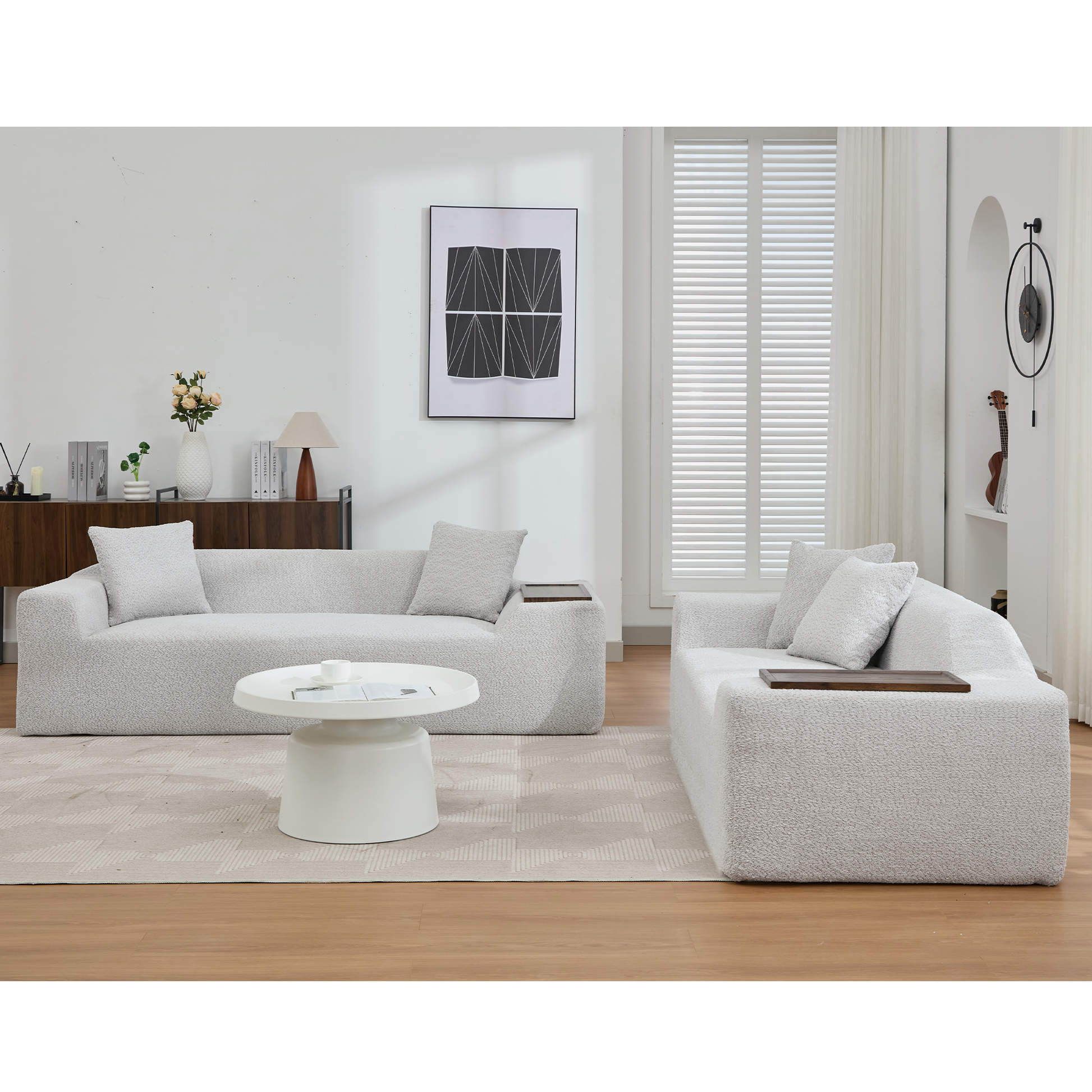 Arrived 2 Piece Boucle Cloud Sofa Set, Upholstered Sofa Set, Modern 3 Seater And 2 Seater Sofa With Mdf End Table For Living Room ,Apartment,3 2 Couch,Boucle, Light Gray Light Gray Polyester Primary Living Space Soft Tight Back Modern Square Arms Foam