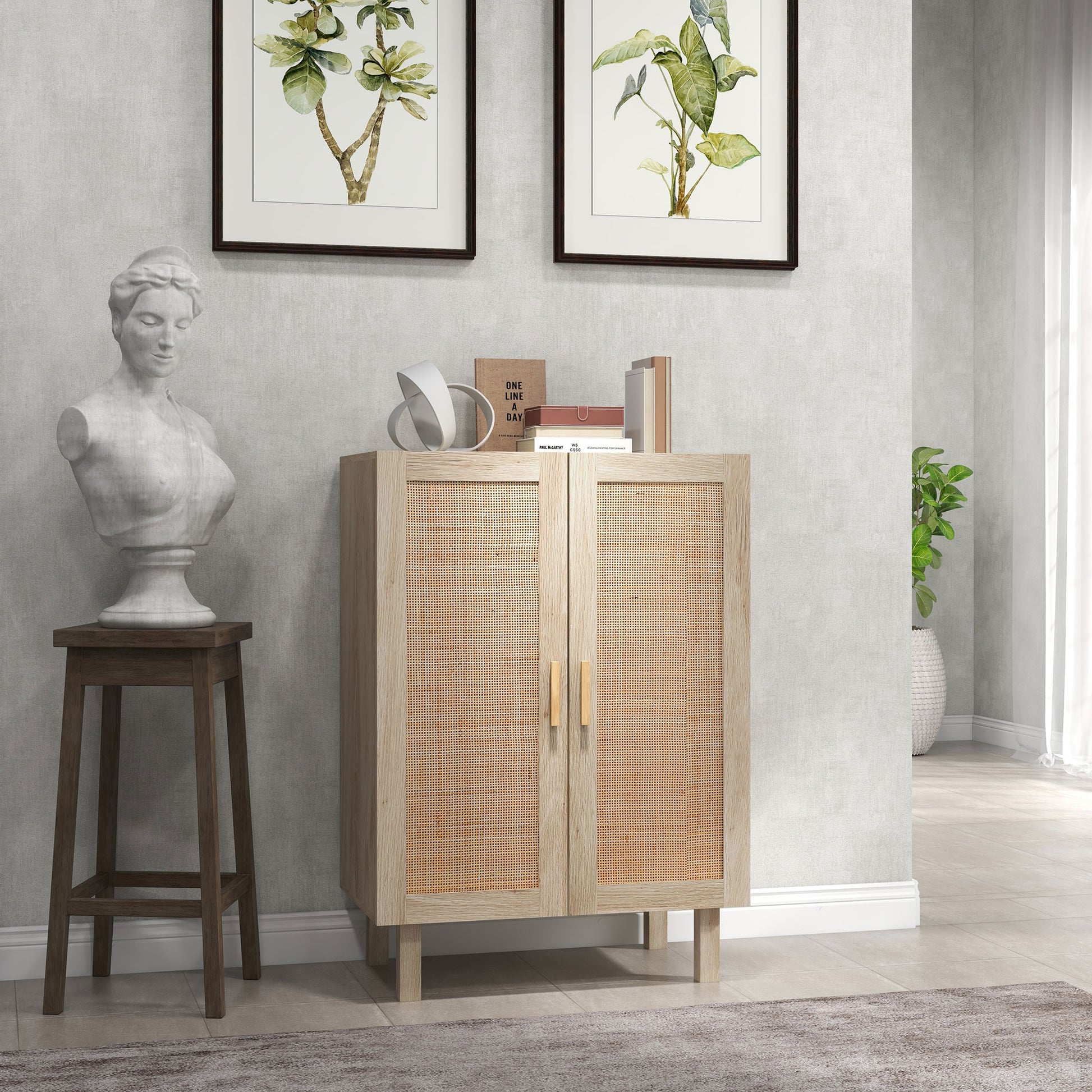 Homcom Sideboard Buffet Cabinet, Kitchen Cabinet, Coffee Bar Cabinet With 2 Rattan Doors And Adjustable Shelves, Natural Natural Wood Particle Board
