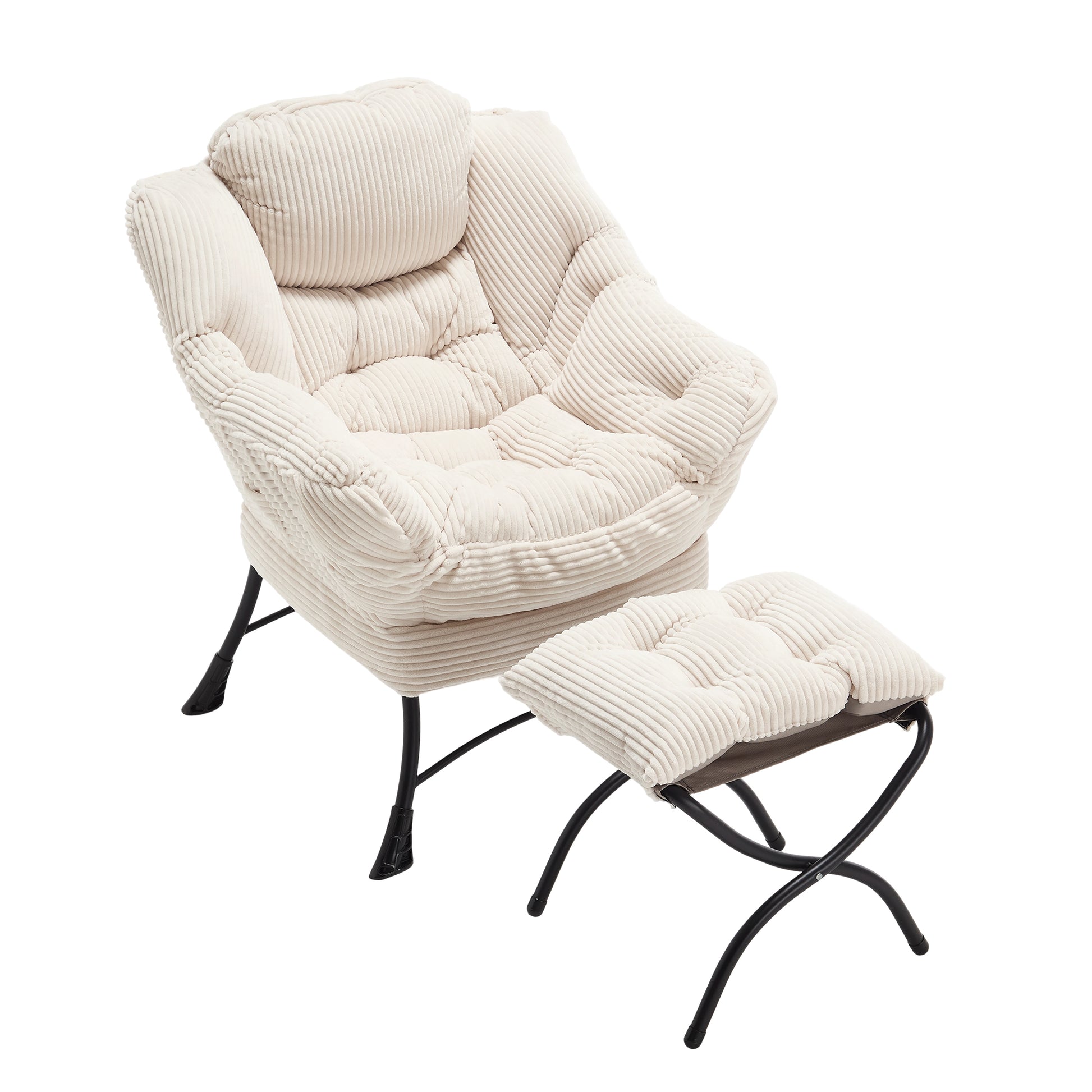 Lazy Chair With Ottoman, Modern Lounge Accent Chair With Armrests And A Side Pocket, Leisure Upholstered Sofa Chair Reading Chair With Footrest For Small Space, Corner Chair White White Cotton Steel
