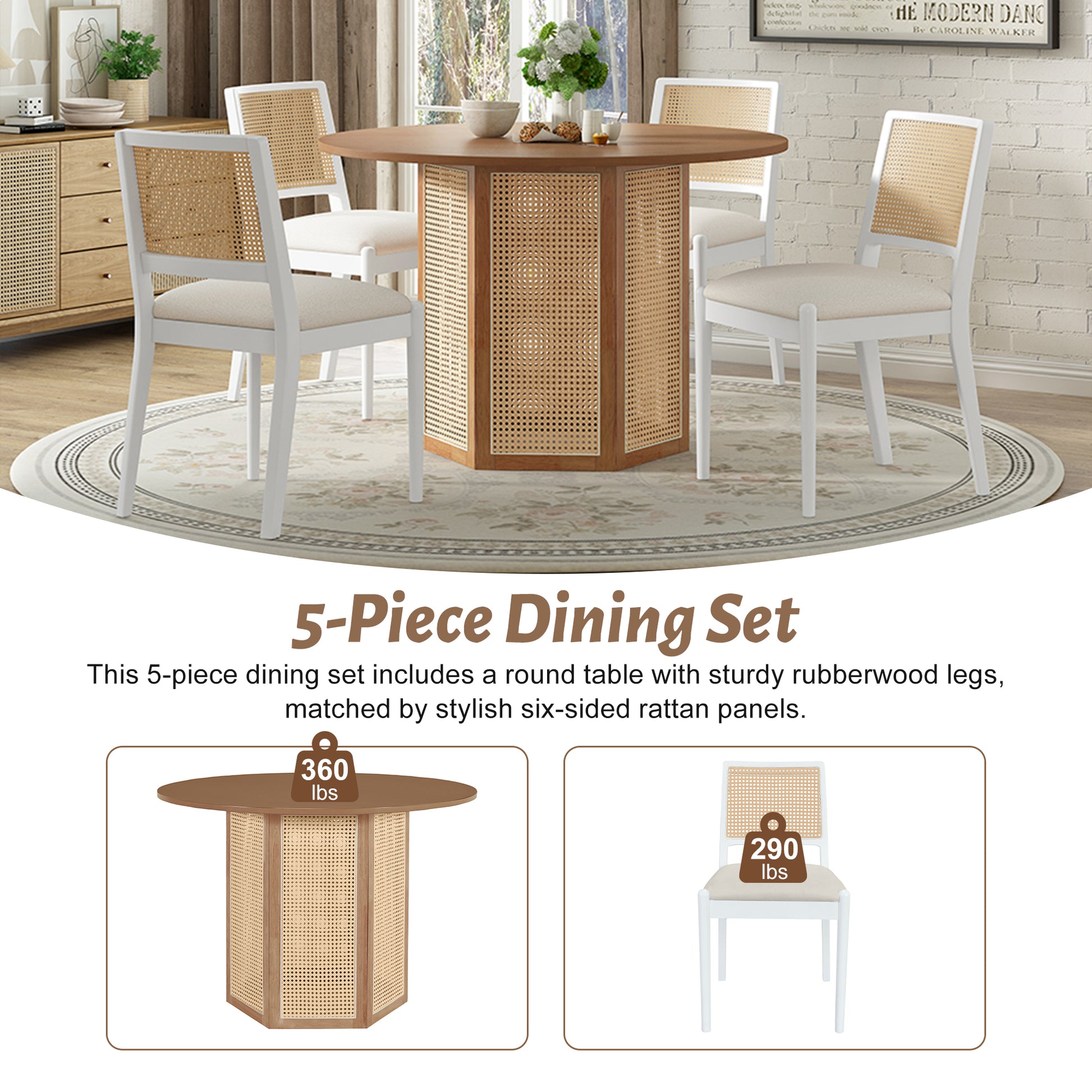 5 Piece Rattan Round Dining Table Set, Wood Table With Hexagonal Base And Upholstered Chairs For Dining Room, Kitchen,Indoor Use, White Beige Wood Dining Room Solid Wood Rubberwood Round Dining Table With Chair Wood Wood White Seats 4 Traditional Round