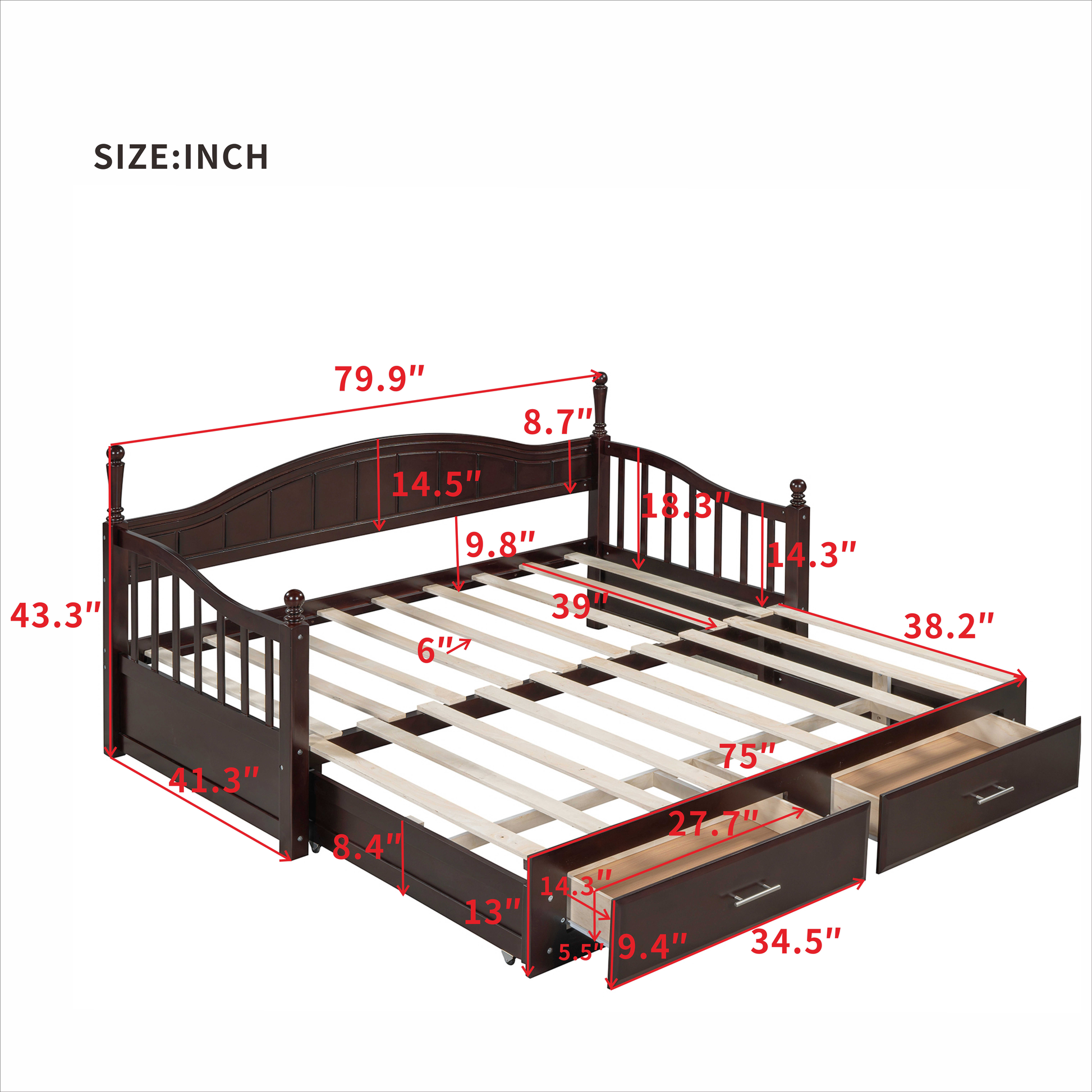 Wooden Twin Size Daybed With Twin Size Trundle, Extendable Daybed With Two Storage Drawers, Espresso Expected Arrival Time:9.12 Twin Espresso Wood