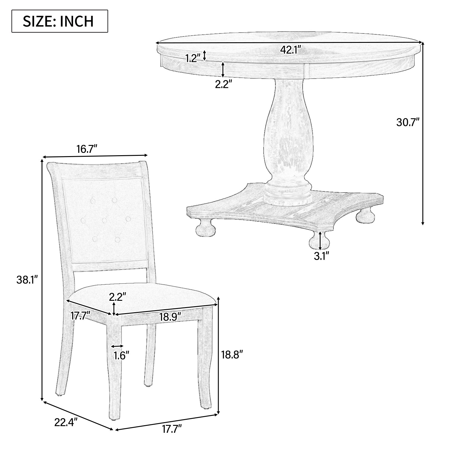 5 Piece Retro Dining Set, Round Table With Pedestal Table Base And 4 Upholstered Chairs For Dining Room And Kitchen Natural Wood Wash Natural Wood Wash Solid Wood Mdf