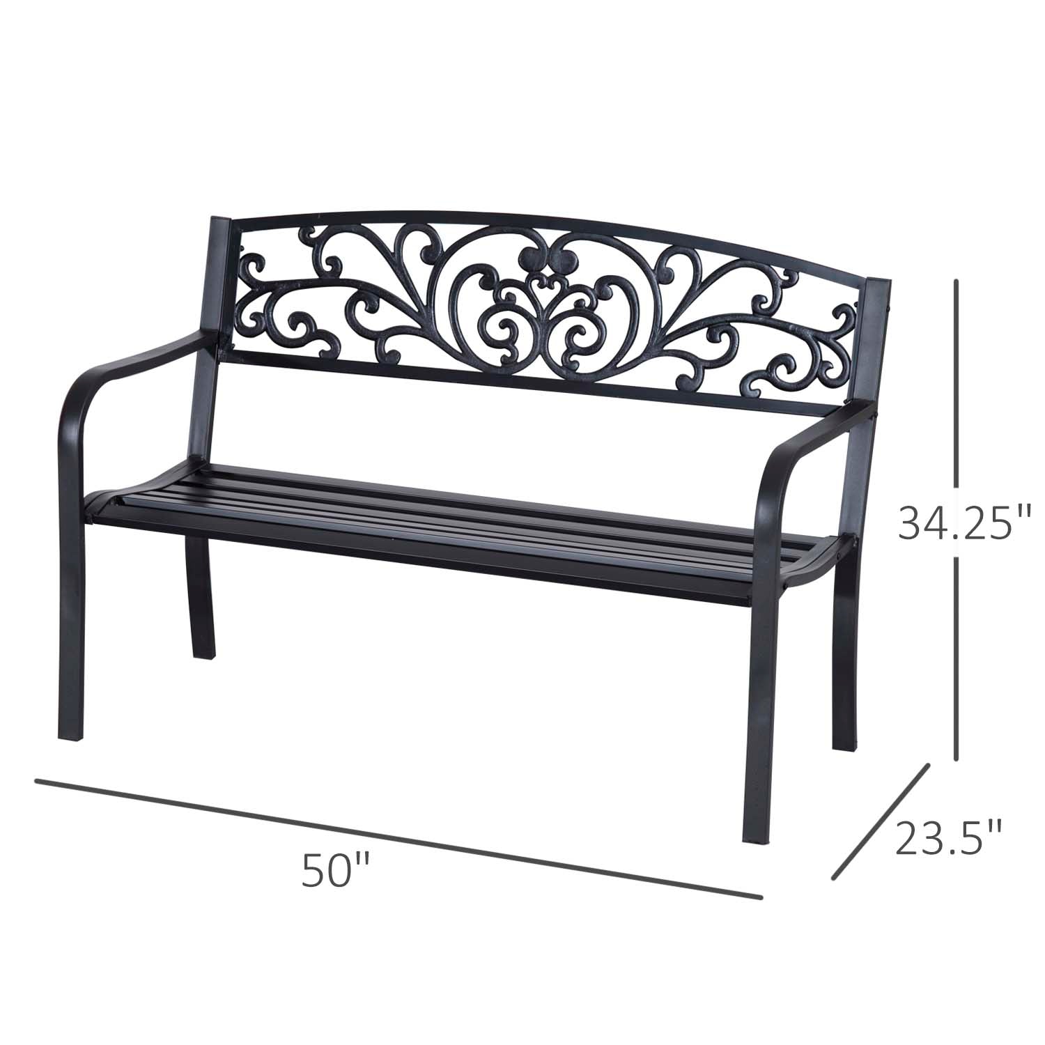 Outsunny 50" Outdoor Bench, Metal Garden Bench With Floral Pattern Backrest, Porch Bench With Slatted Seat For Park, Yard, Lawn, Black Black Iron