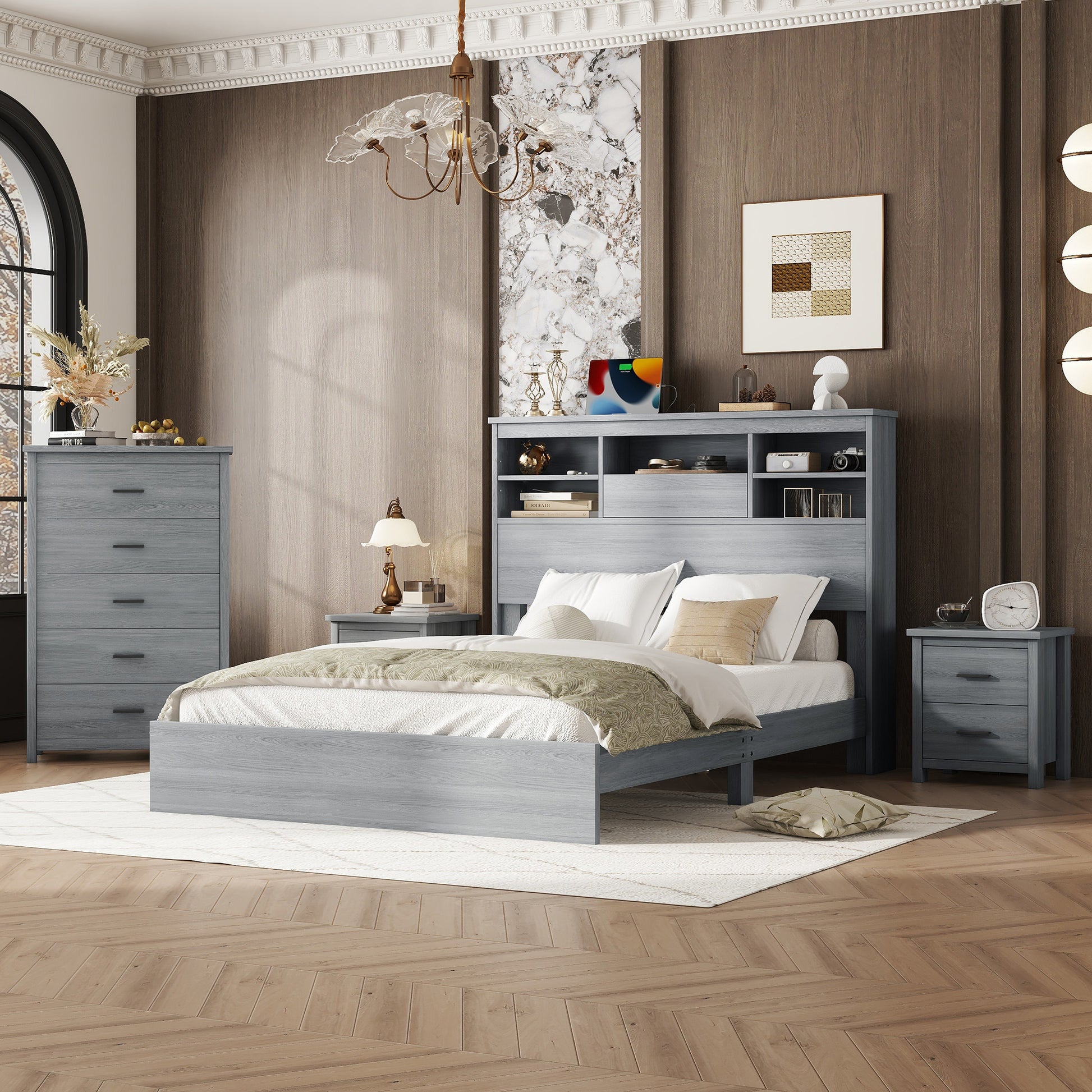 4 Pieces Bedroom Sets Queen Size Vintage Wooden Bed Frame With 2 Nightstands And 1 Dresser,Light Gray Box Spring Not Required Queen Light Gray 4 Piece Set American Traditional Solid Wood Mdf